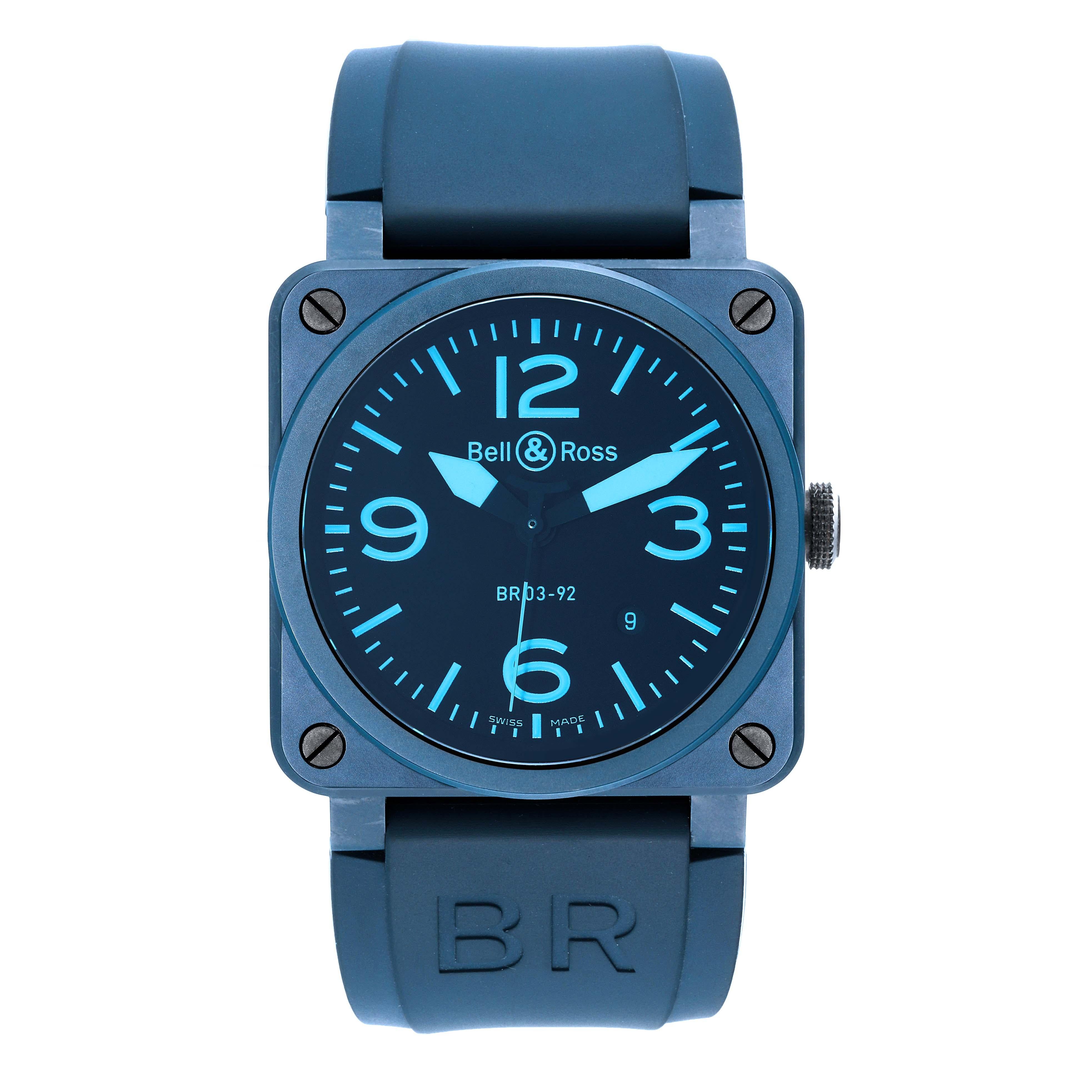 Men's Bell & Ross Aviation Blue Ceramic Mens Watch BR03-92 Box Card For Sale