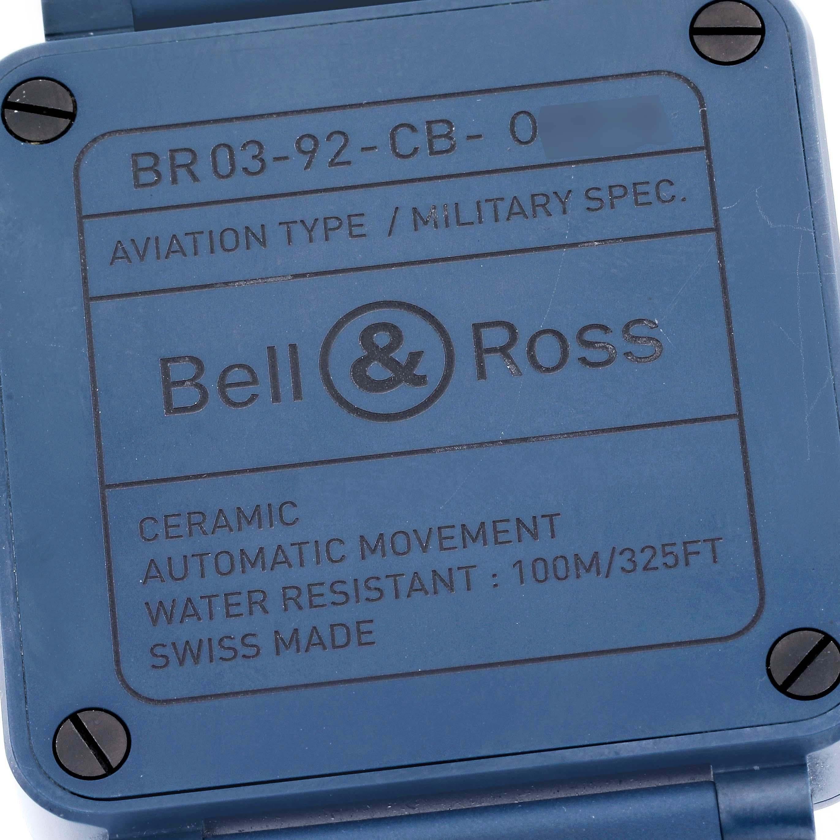 Bell & Ross Aviation Blue Ceramic Mens Watch BR03-92 Box Card For Sale 2