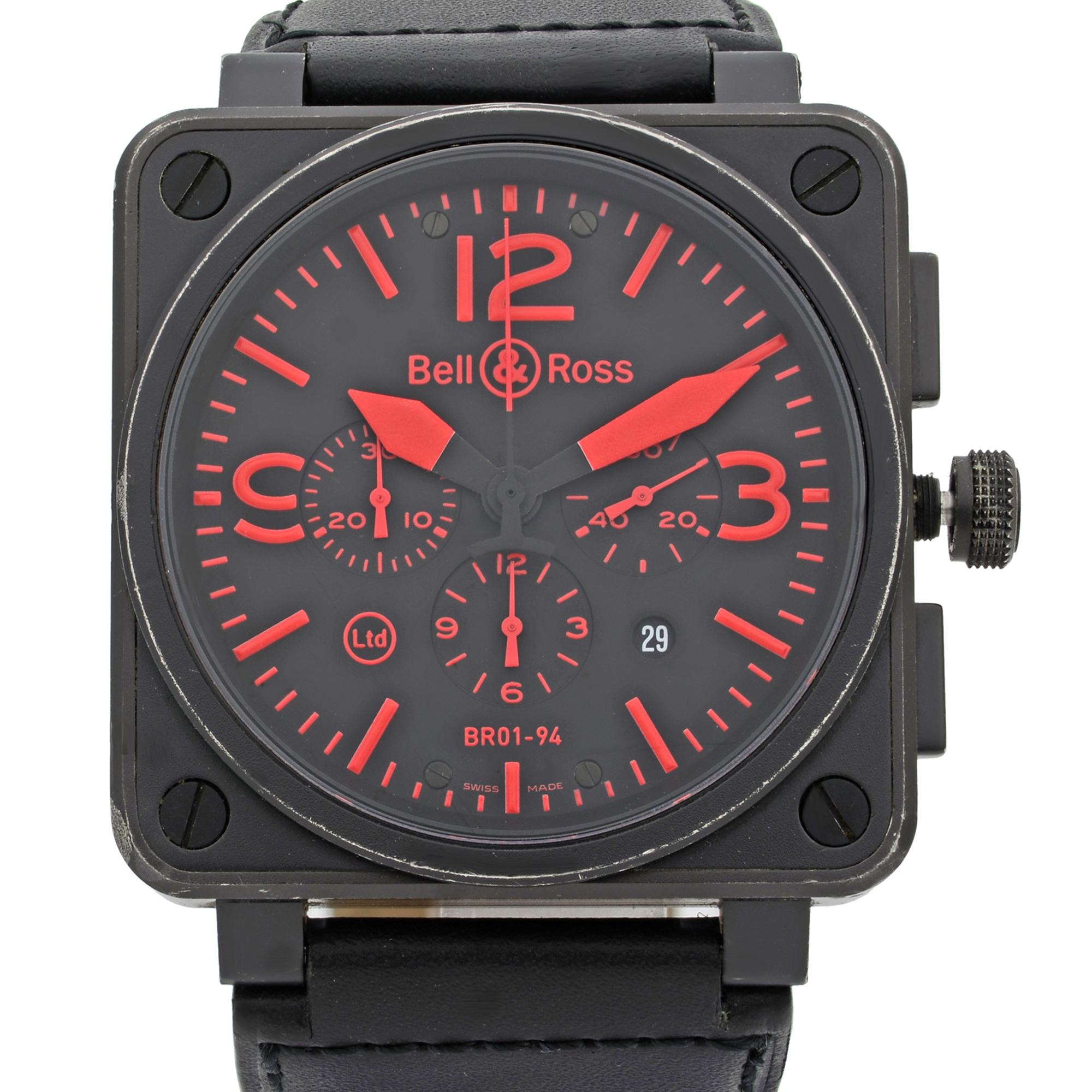 This pre-owned Bell & Ross Aviation  Br01-94-S is a beautiful men's timepiece that is powered by mechanical (automatic) movement which is cased in a stainless & plated metal case. It has a round shape face, chronograph, date indicator, small seconds