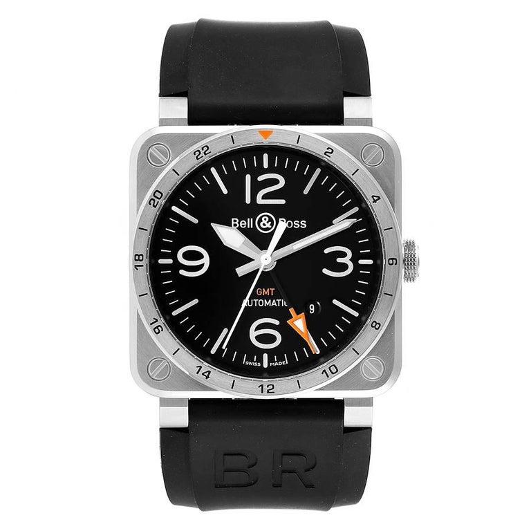 Bell & Ross Aviation GMT Black Dial Steel Mens Watch BR0393 Box Card. Automatic self-winding movement. Stainless steel square case 42.0 mm in diameter. Stainless steel smooth bezel with 24 hours scale. Scratch resistant sapphire crystal. Black dial