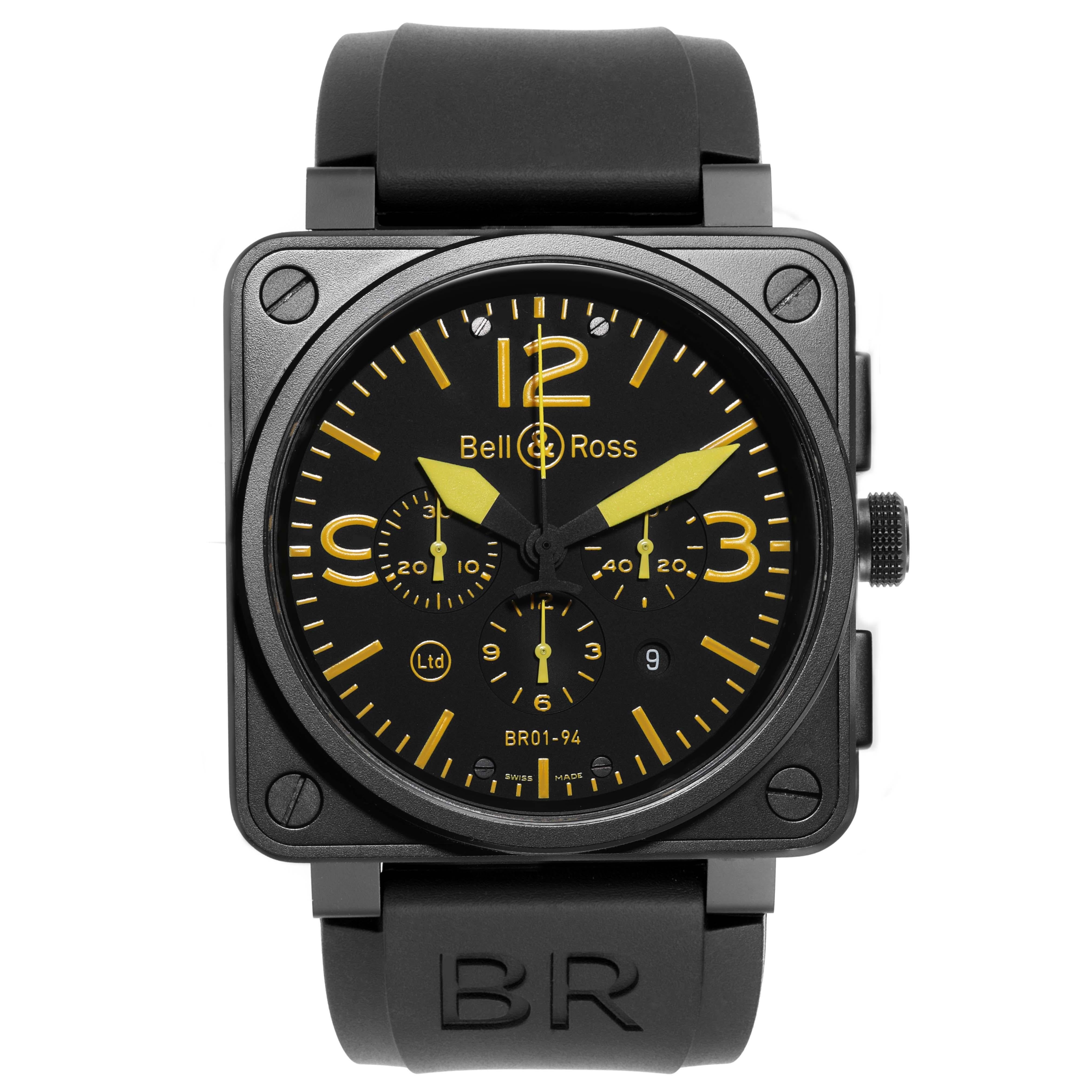 Bell & Ross Aviation Instrument Chronograph Steel Mens Watch BR0194 Box Card. Automatic self-winding chronograph movement. Matte black steel square case 46.0 mm in diameter. Matte black steel smooth bezel. Scratch resistant sapphire crystal. Black