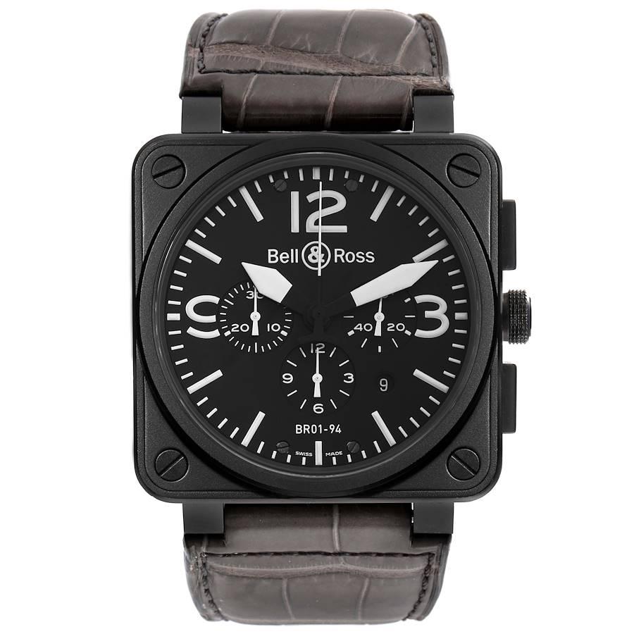Bell & Ross Aviation Instrument Chronograph Steel Watch BR0194 Box Card. Automatic self-winding chronograph movement. Matte black steel square case 46.0 mm in diameter. Matte black steel smooth bezel. Scratch resistant sapphire crystal. Black dial