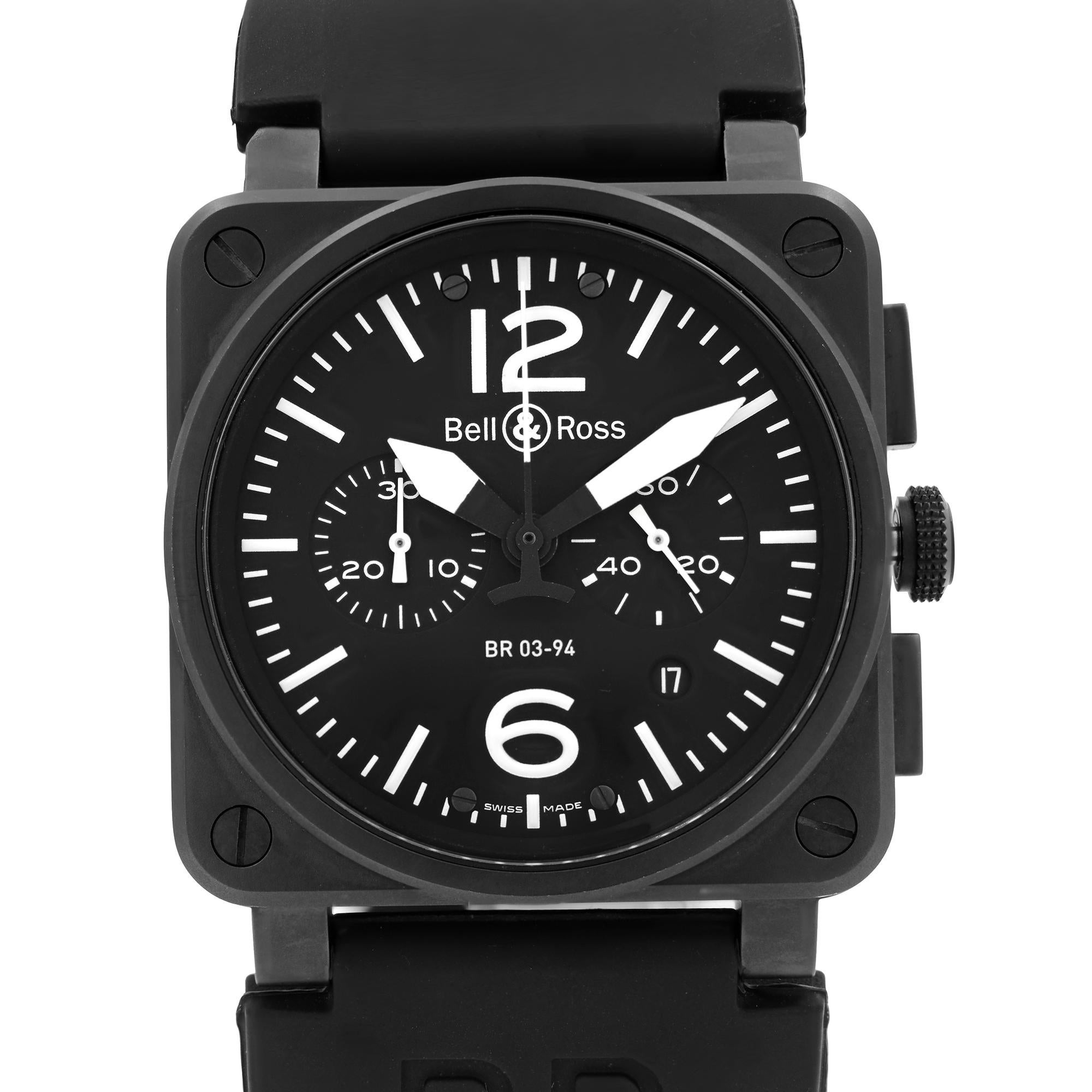 Pre-Owned Bell & Ross Aviation Steel Chronograph Black Dial Rubber Band Men's Watch BR03-94. Minor Blemishes on PVD Coating.  Some scratches on top lugs as in pictures. This Beautiful Timepiece Features: Black PVD Stainless Steel Case with a Black