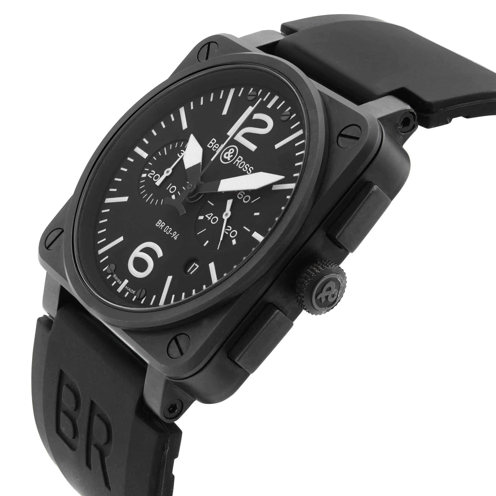 Bell & Ross Aviation Steel Chronograph Black Dial Rubber Band Mens Watch BR03-94 In Good Condition In New York, NY