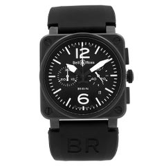 Bell & Ross Aviation Steel Chronograph Black Dial Rubber Band Mens Watch BR03-94