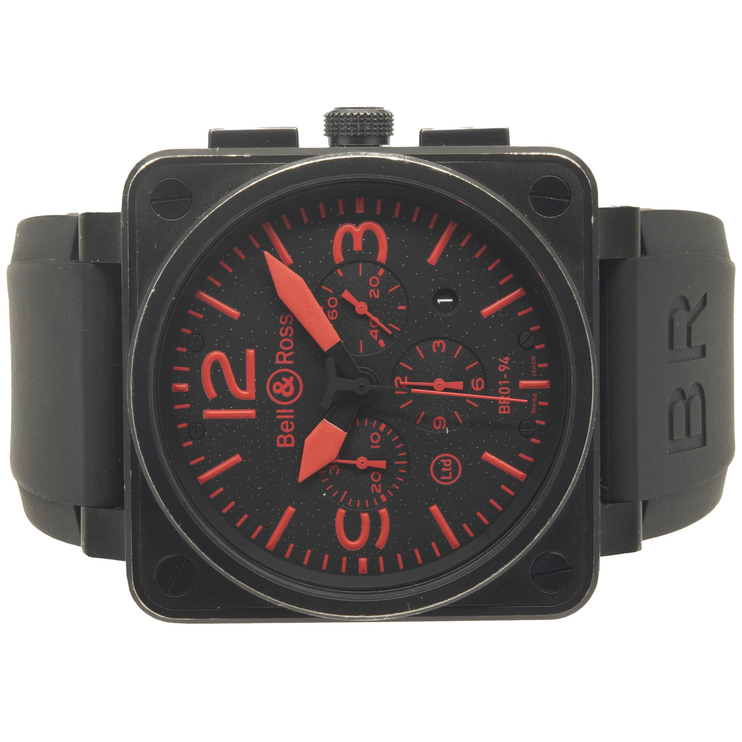 Movement: automatic
Function: hours, minutes, seconds, date, chronograph
Case: 45mm square case with scratch resistant sapphire crystal, push-pull crown
Band: black rubber BR strap, buckle
Dial: black dial, red stick/arabic numerals, red