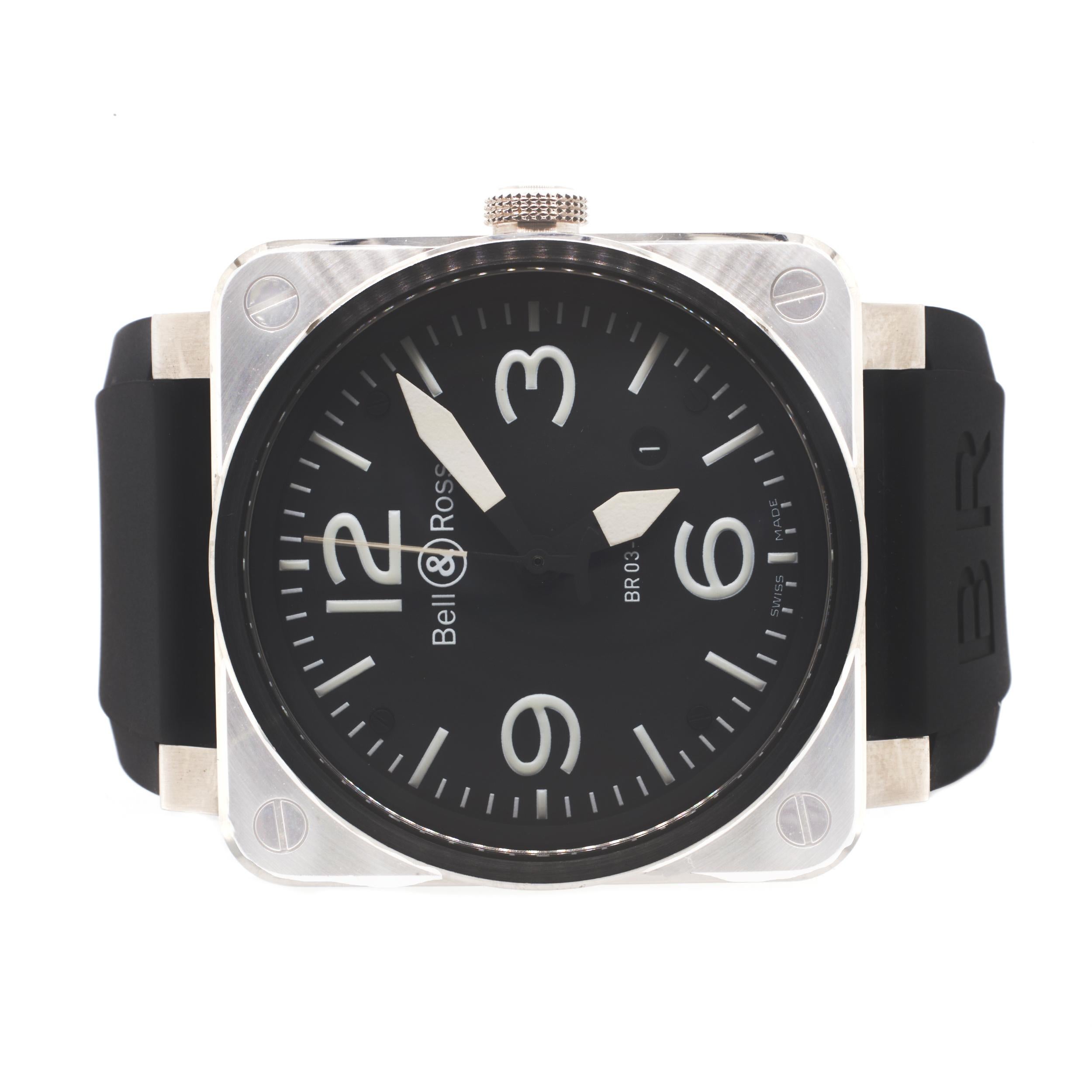 Movement: automatic
Function: hours, minutes, seconds, date
Case: 42mm square case with scratch resistant sapphire crystal, push-pull crown
Band: black B&R strap with buckle
Dial: black dial, white hands and hour markers 
Reference #: