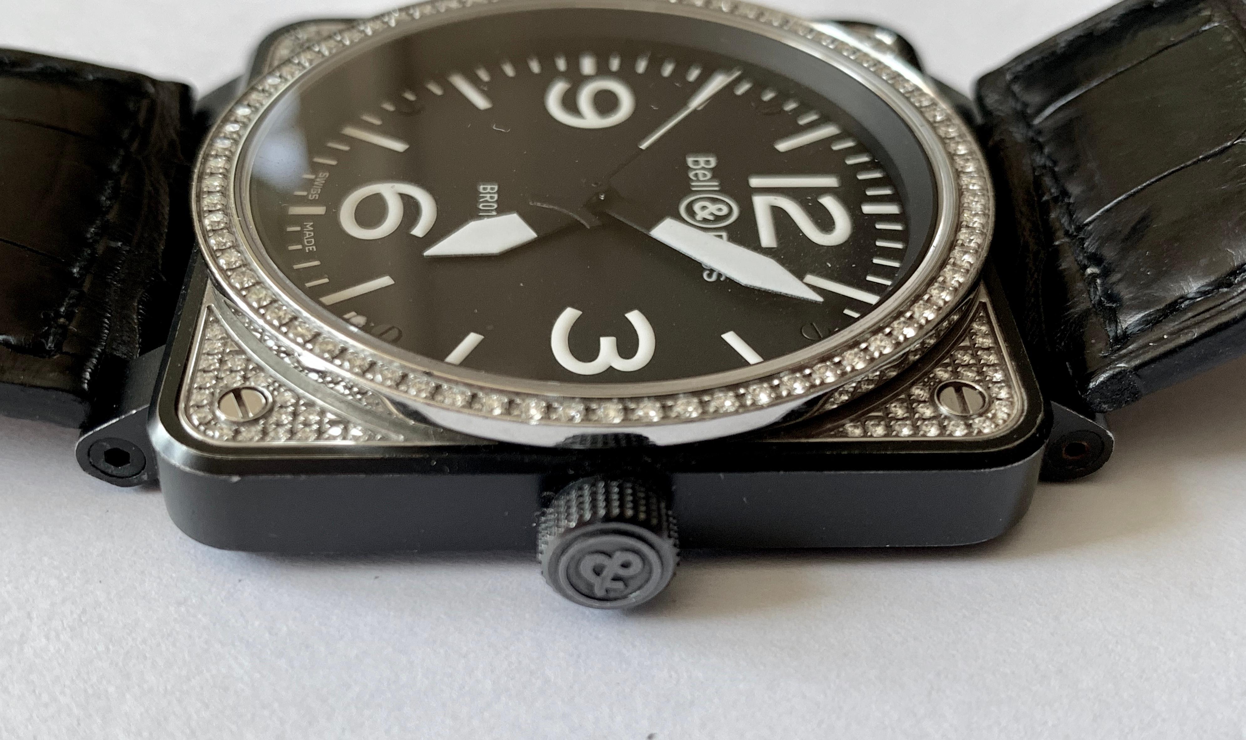 Bell & Ross BR 01-92 in Steel with Diamond Bezel on Black Leather Strap For Sale 3