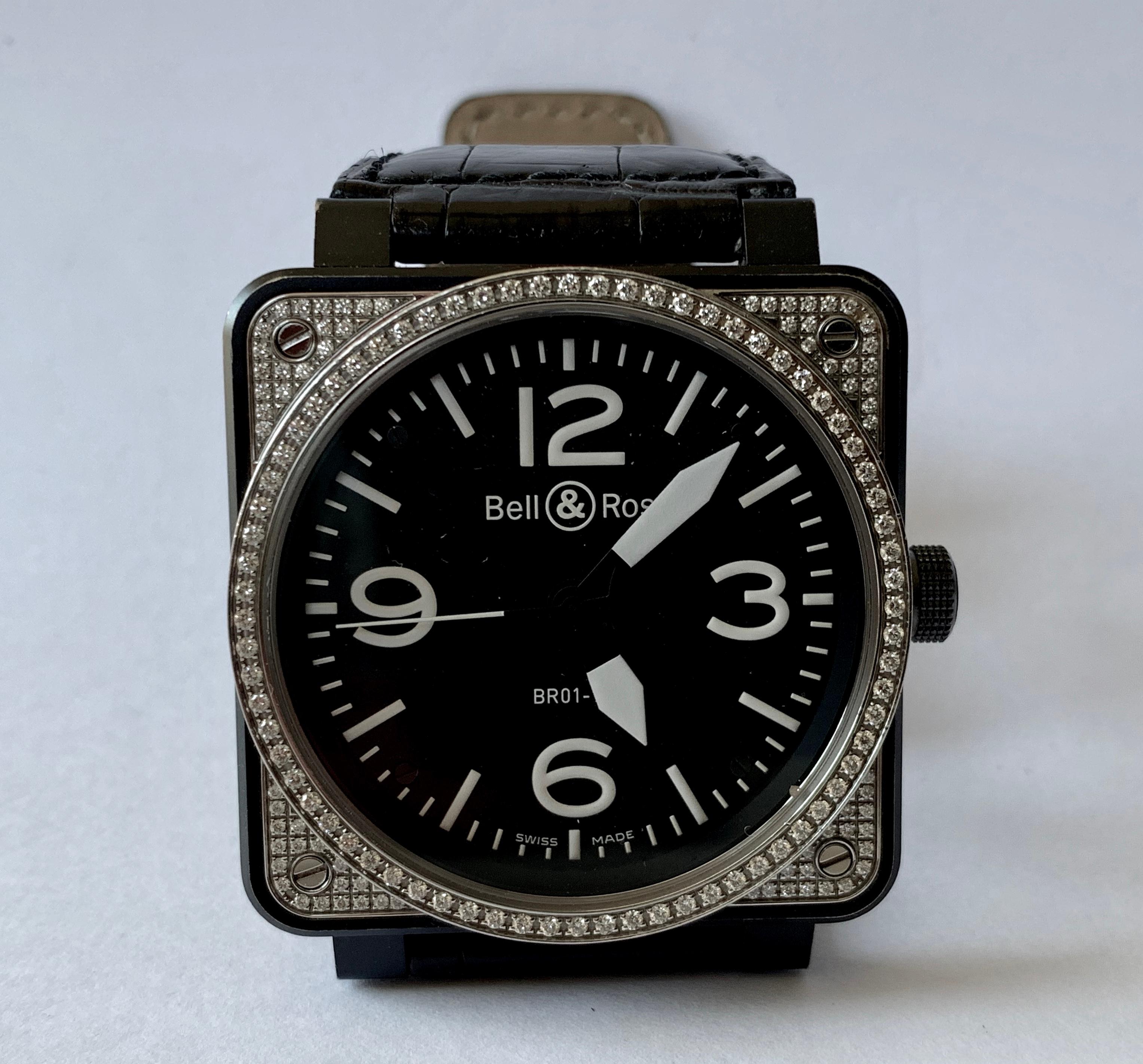 Bell & Ross BR 01-92 in Steel with Diamond Bezel on Black Leather Strap For Sale 4