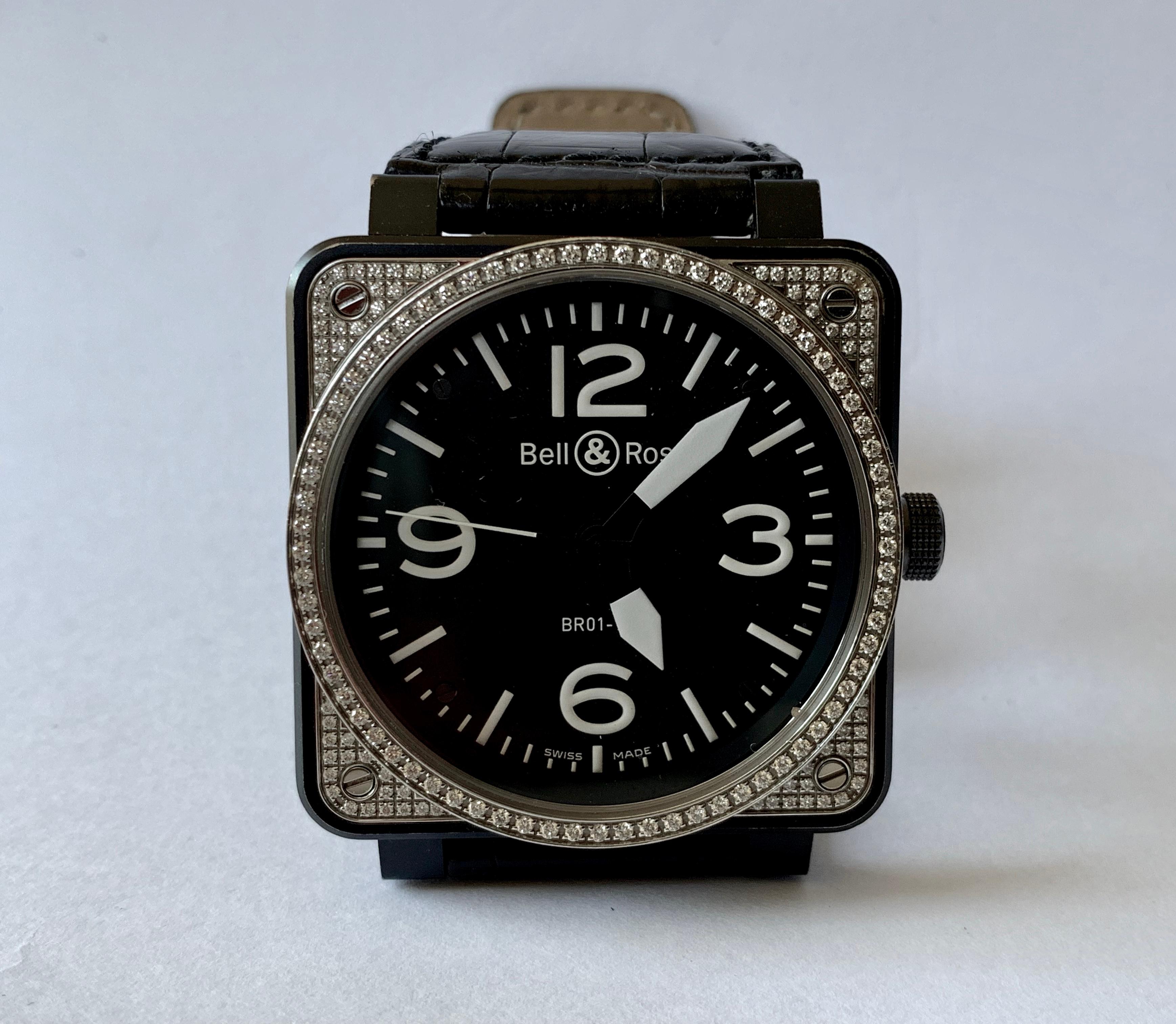 Bell & Ross BR 01-92 in Steel with Diamond Bezel on Black Leather Strap For Sale 5