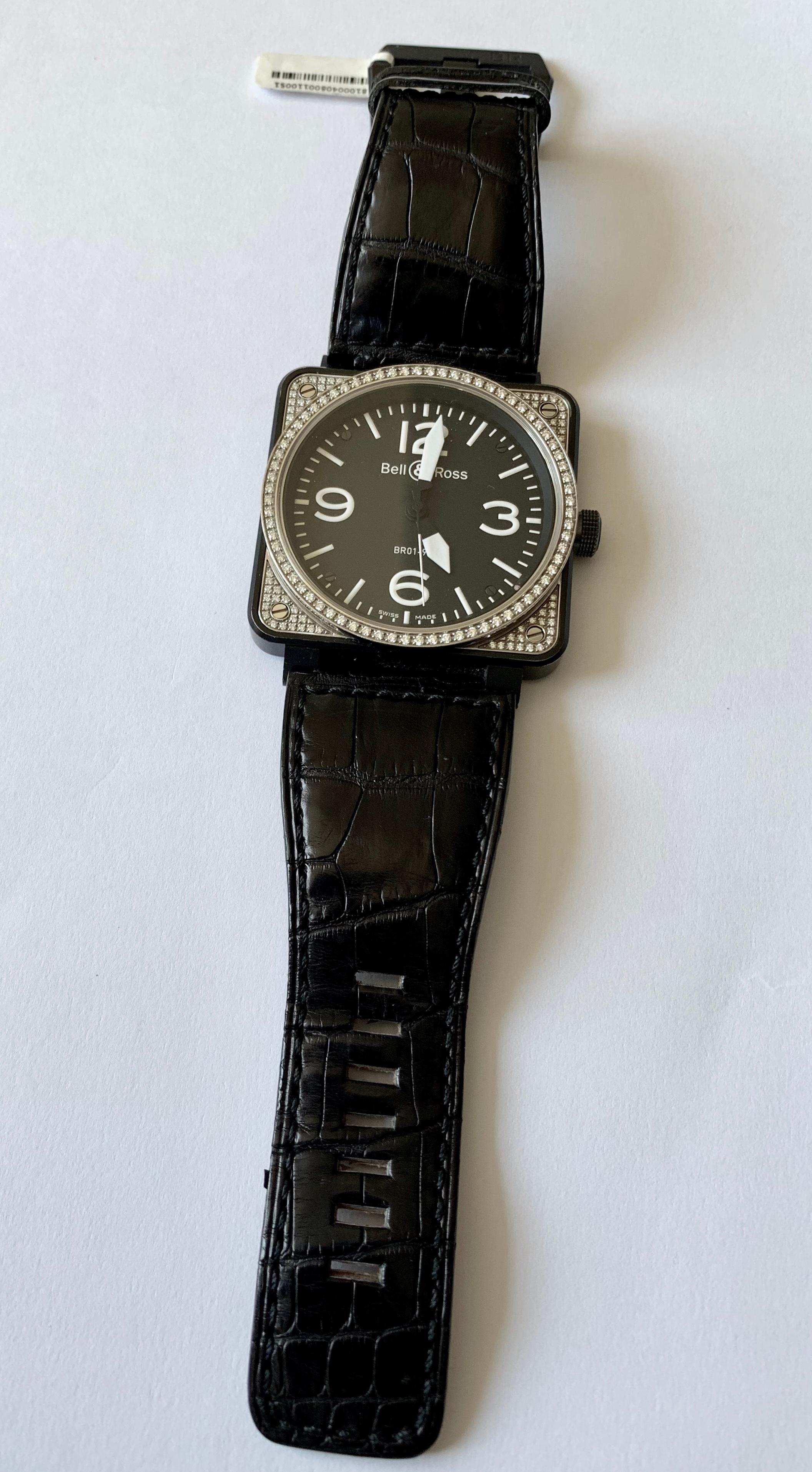 Iconic Bell & Ross Watch model BR 01 92 Diamond Automatic movement. Case steel with Diamond Bezel, case size 46 mm, comes with a black leather strap. Comes with original box and papers. Purchase date December 2008. In very good condition. Original