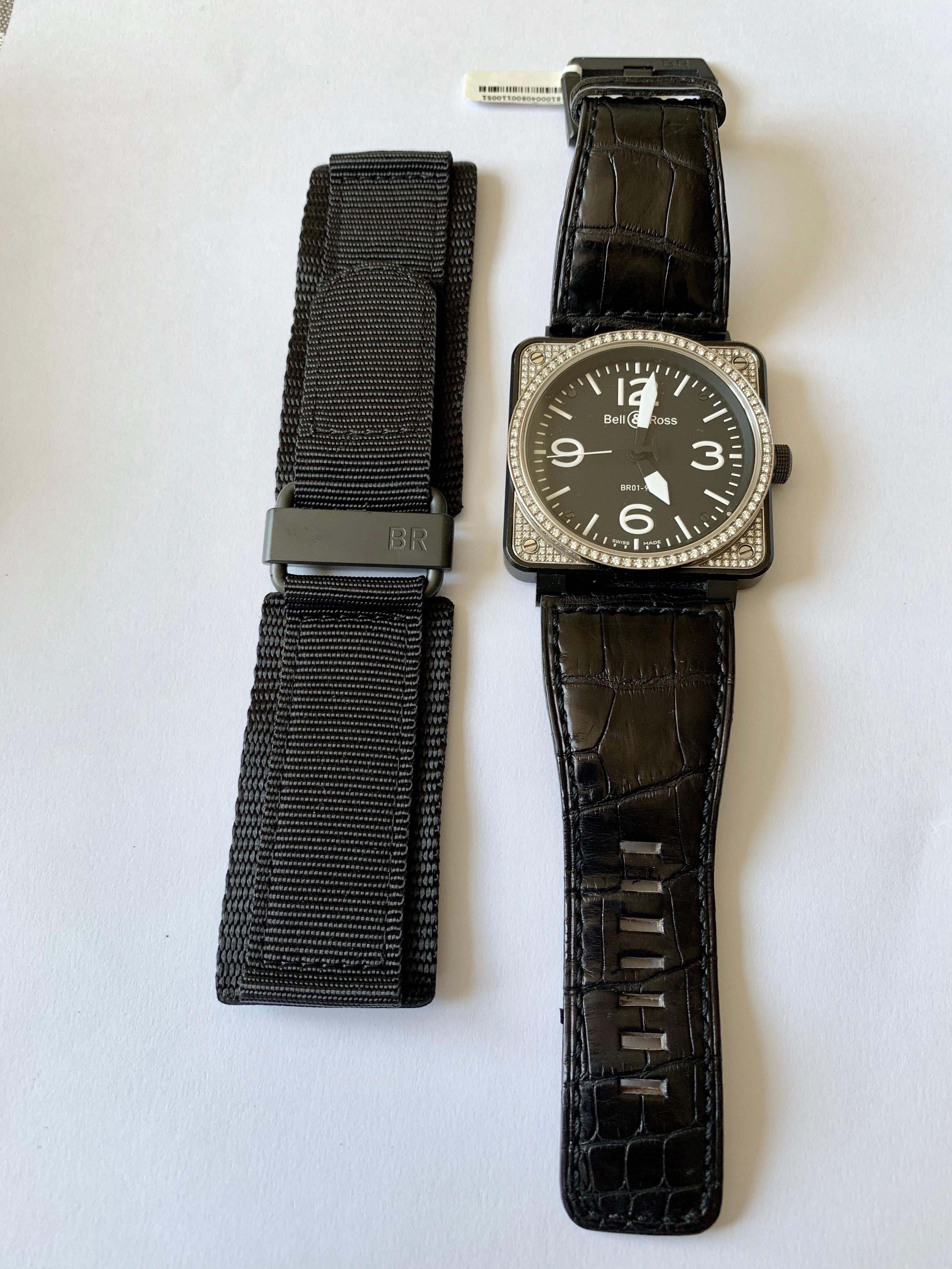 Contemporain Bell & Ross BR 01-92 en acier avec lunette en diamant sur bracelet en cuir noir en vente