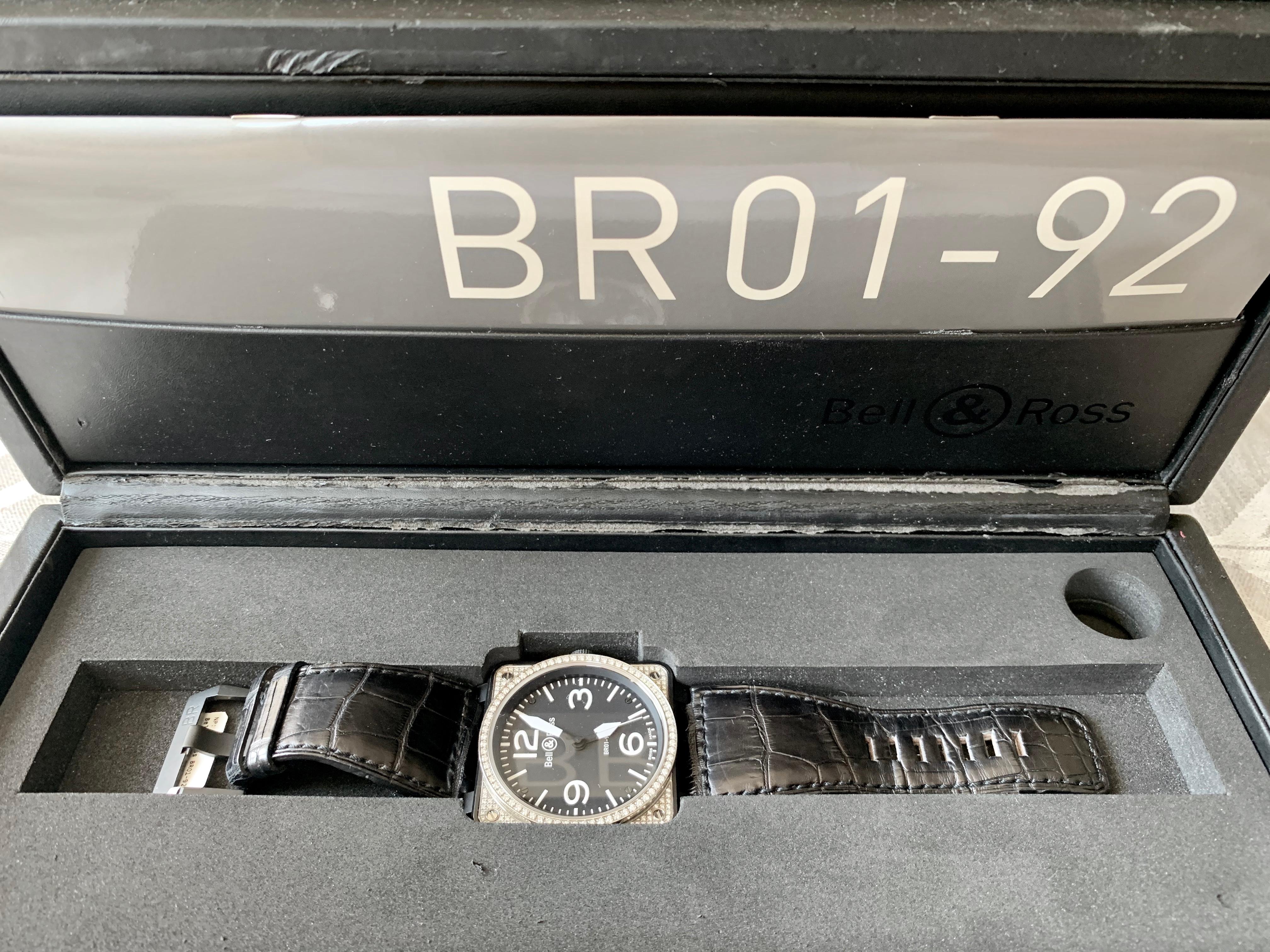 Round Cut Bell & Ross BR 01-92 in Steel with Diamond Bezel on Black Leather Strap For Sale