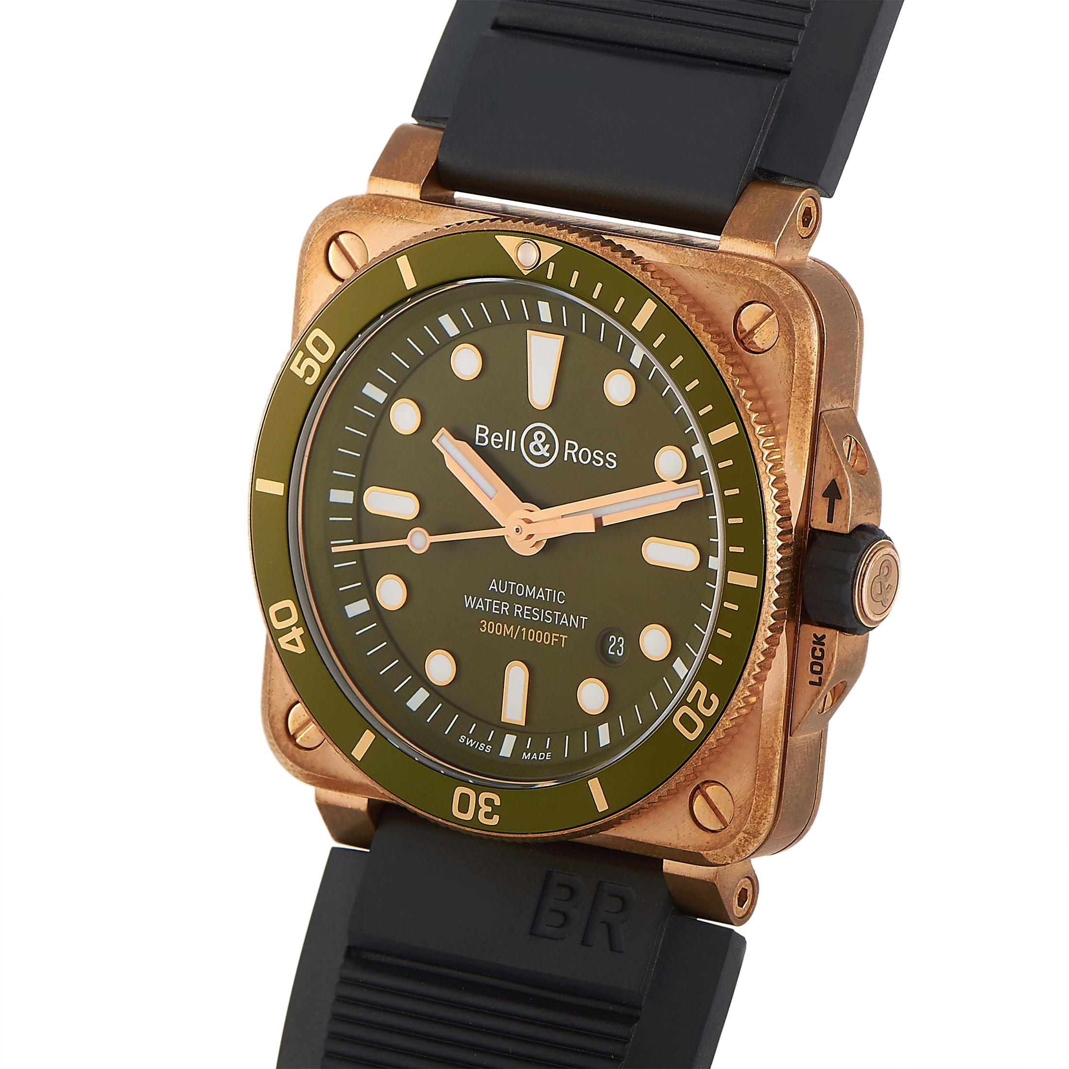 This is the Bell & Ross BR 03-92 Diver Green Bronze watch that is presented in an edition limited to 999 pieces.
 
 It comes with a bronze case that measures 42 mm in diameter and boasts stainless steel back. The case is fitted with a