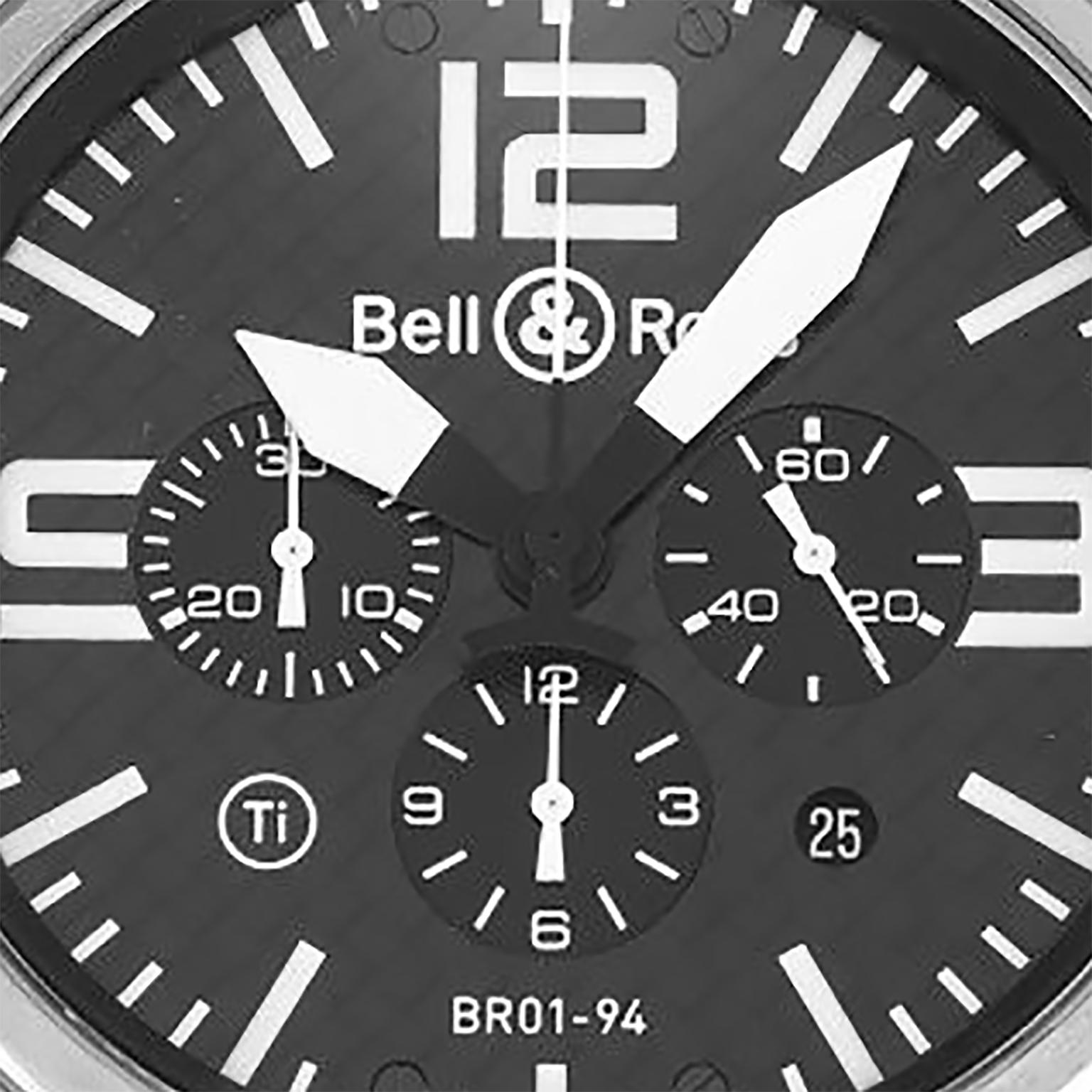 Bell & Ross BR01-94 Titanium and Stainless Steel Watch

Bell & Ross BR01-94 titanium & stainless steel case with a black rubber strap and stainless steel buckle. Black dial with white hands and white index -  Arabic numerals hour markers. Movement: