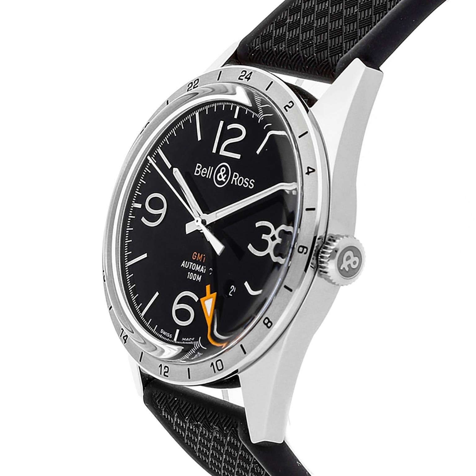 Bell & Ross BR123-GMT stainless steel case with a black rubber strap and stainless steel buckle. Black dial with white hands and white index -  Arabic numerals hour markers. Movement: Automatic. Dial Type: Analog. Date display between 4 o'clock and