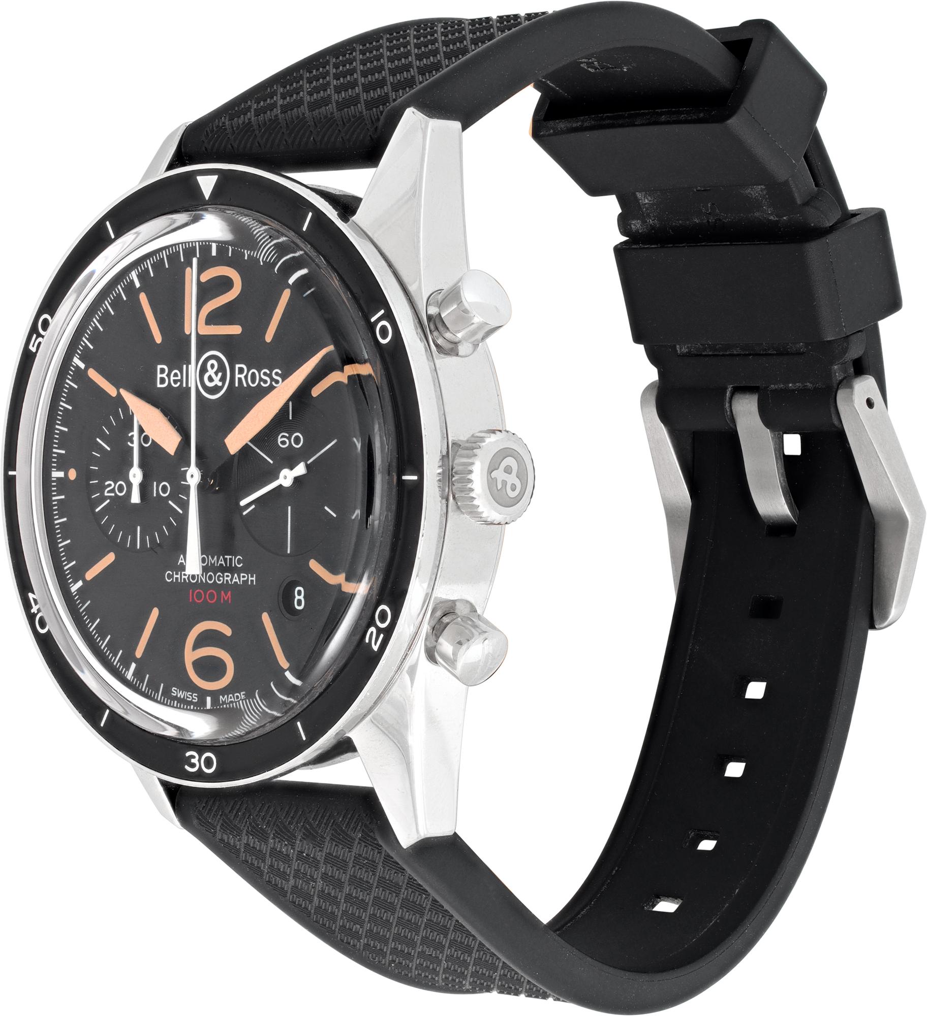Bell & Ross chronograph in stainless steel on an original Bell & Ross black rubber strap and stainless steel buckle. Auto w/ subseconds, date and chronograph. 41 mm case size. With original box. Ref BR-126-94. Fine Pre-owned Bell & Ross Watch.

