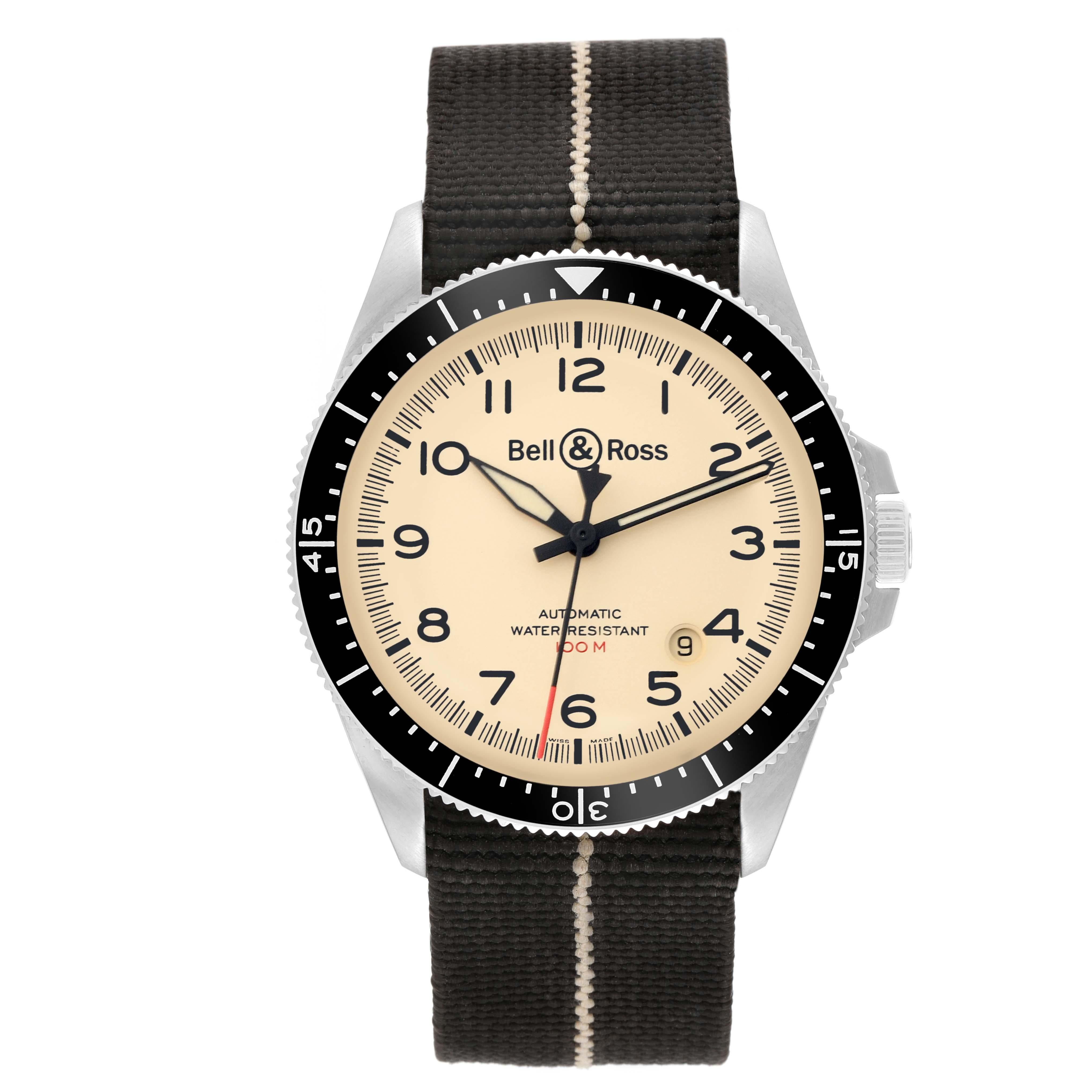 Bell & Ross Heritage Beige Dial Steel Mens Watch BRV292 Box Card. Automatic self-winding movement. Stainless steel round case 41.0 mm in diameter. Exhibition transparent sapphire crystal caseback. Black stainless steel bidirectional rotating bezel.