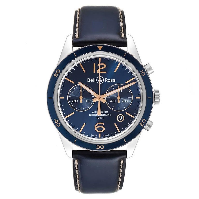 Bell & Ross Heritage Blue Dial Chronograph Steel Watch BR12694 Box Card. Automatic self-winding chronograph movement. Stainless steel round case 41.0 mm in diameter. Exhibition transparent sapphire crystal case back. . Scratch resistant doomed