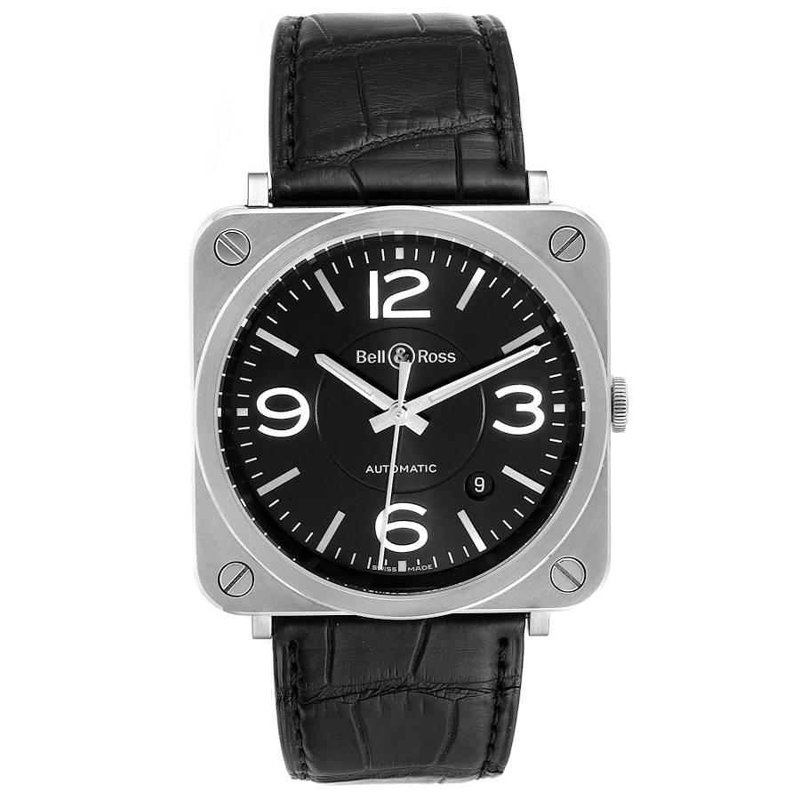 Bell & Ross Officer Black Dial Automatic Steel Mens Watch BRS92 Box Card. Automatic self-winding chronograph movement. Stainless steel square case 39.0 mm in diameter. Stainless steel smooth bezel. Scratch resistant sapphire crystal. Black dial with