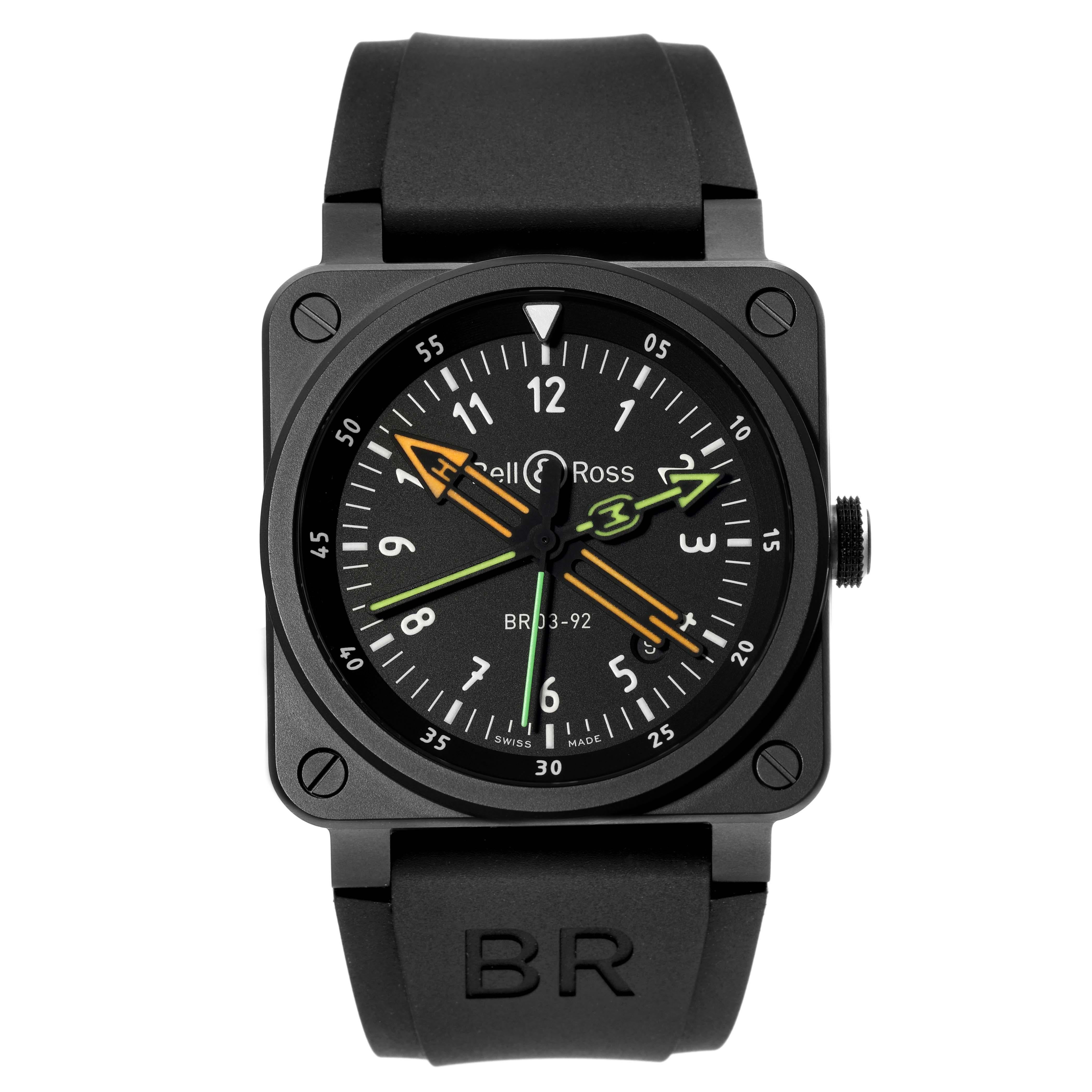 Bell & Ross Radiocompass Limited Edition Black Ceramic Mens Watch BR03-92 Box Card. Automatic self-winding movement. Matte black ceramic square case 42mm x 42mm. Matte black ceramic bezel. Scratch resistant sapphire crystal with anti-reflective