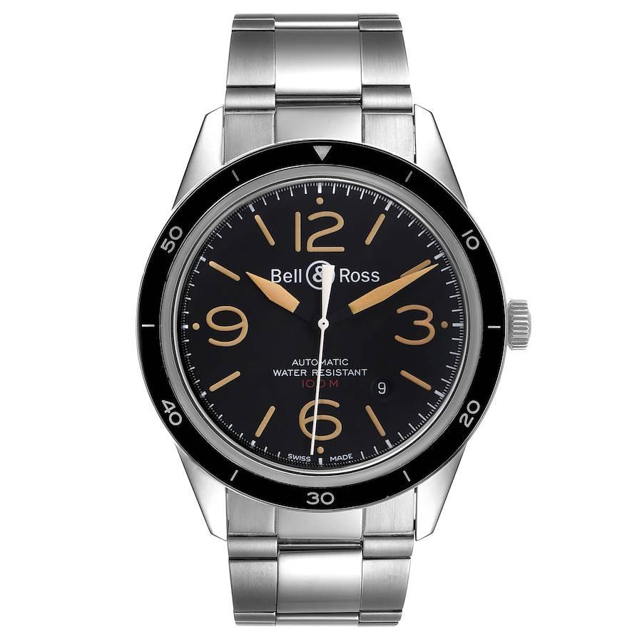 Bell & Ross Sport Heritage Black Dial Steel Mens Watch BRV123. Automatic self-winding movement. Stainless steel round case 43.0 mm in diameter. Exhibition transparent sapphire crystal case back. Black stainless steel bezel. Scratch resistant doomed