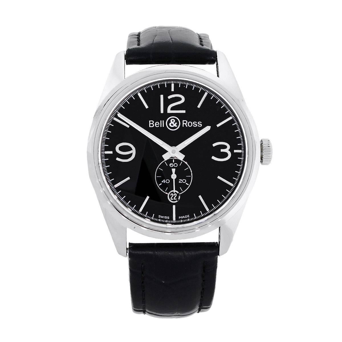 Brand: Bell & Ross
Style: BR123 Vintage Original Black
MPN: BR123 -95-SP
Case Material: Stainless Steel
Case Diameter: 41mm
Bezel: Stainless Steel
Dial: Black dial with arabic numerals and silver hands. Date can be found at 6 O’clock
Bracelet: Black