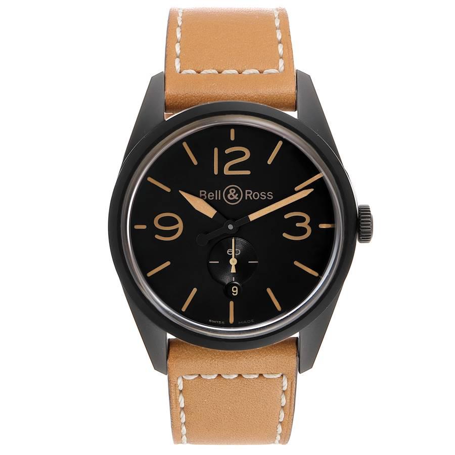 Bell & Ross Vintage Black Dial Ceramic Mens Watch BR123 Box Card. Automatic self-winding movement. Black PVD stainless steel round case 41.0 mm in diameter. Bell & Ross logo an a crown. Black PVD stainless steel smooth bezel. Scratch resistant