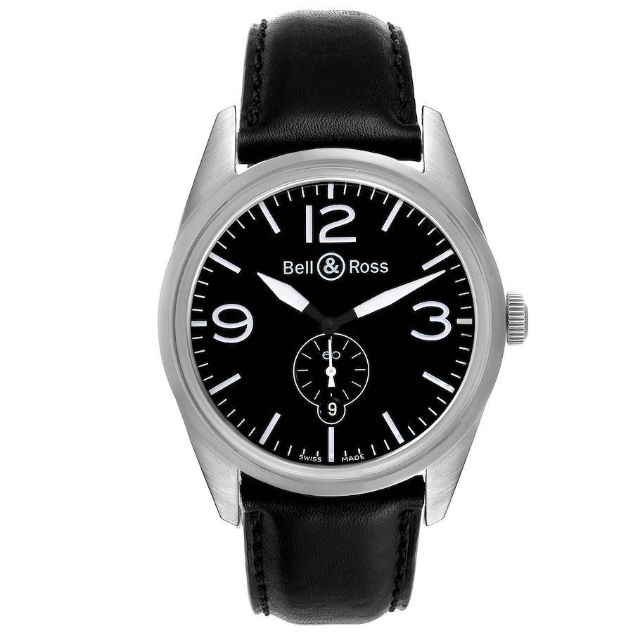 Bell & Ross Vintage Black Dial Steel Mens Watch BR123 Box Card. Automatic self-winding movement. Stainless steel round case 41.0 mm in diameter. Bell & Ross logo an a crown. Stainless steel smooth bezel. Scratch resistant doomed sapphire crystal.