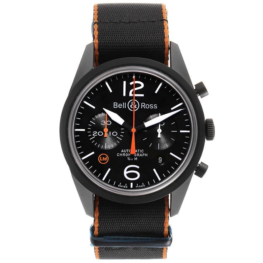 Bell & Ross Vintage Carbon Orange Limited Edition Mens Watch BRV126 Unworn. Automatic self-winding chronograph movement. Black PVD stainless steel round case 41.0 mm in diameter. Bell & Ross logo an a crown. Black PVD stainless steel smooth bezel.