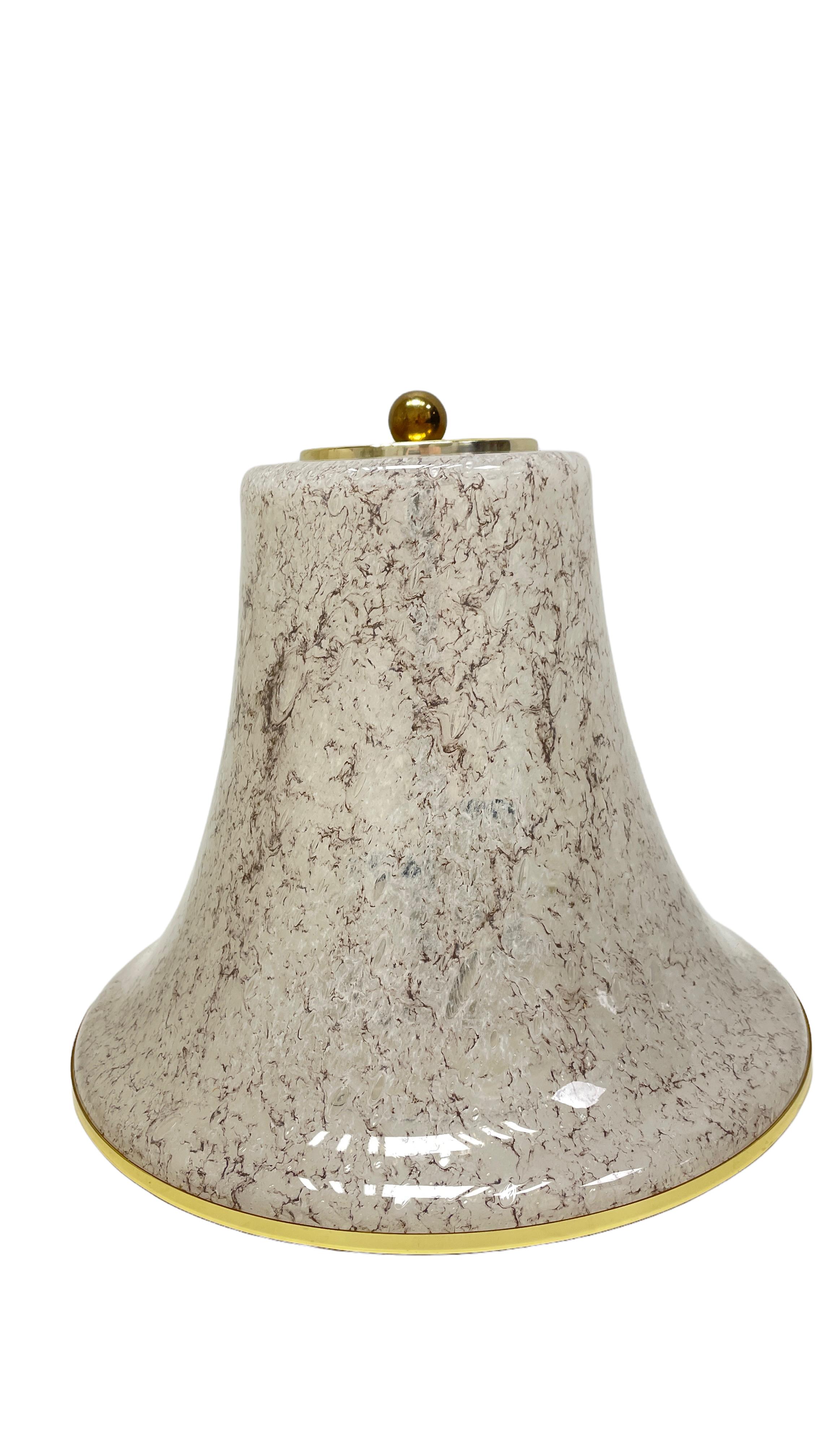 Midcentury Doria flush mount, structured glass in the shape of a bell, with a golden rim. The Fixture requires two European E14 / 110 Volt Candelabra bulbs, each bulb up to 40 watts. A nice addition to any room.