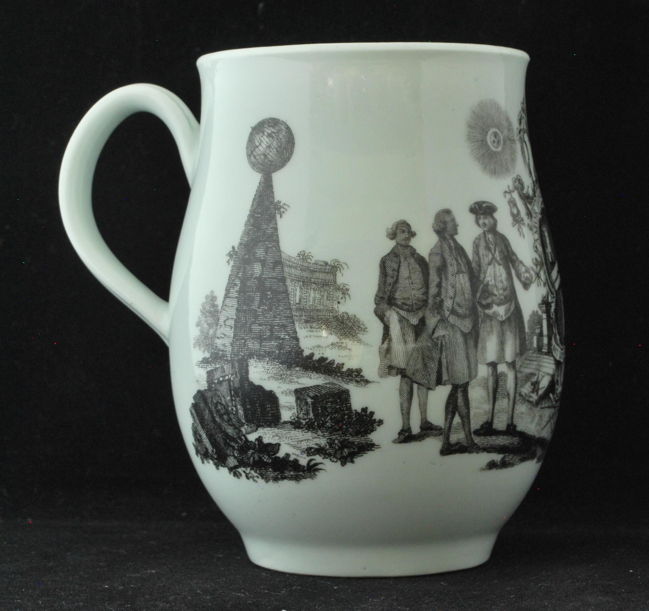 A lovely baluster-shaped mug, decorated with Masonic transfer prints. The shape delightful, the decoration full of interest.
