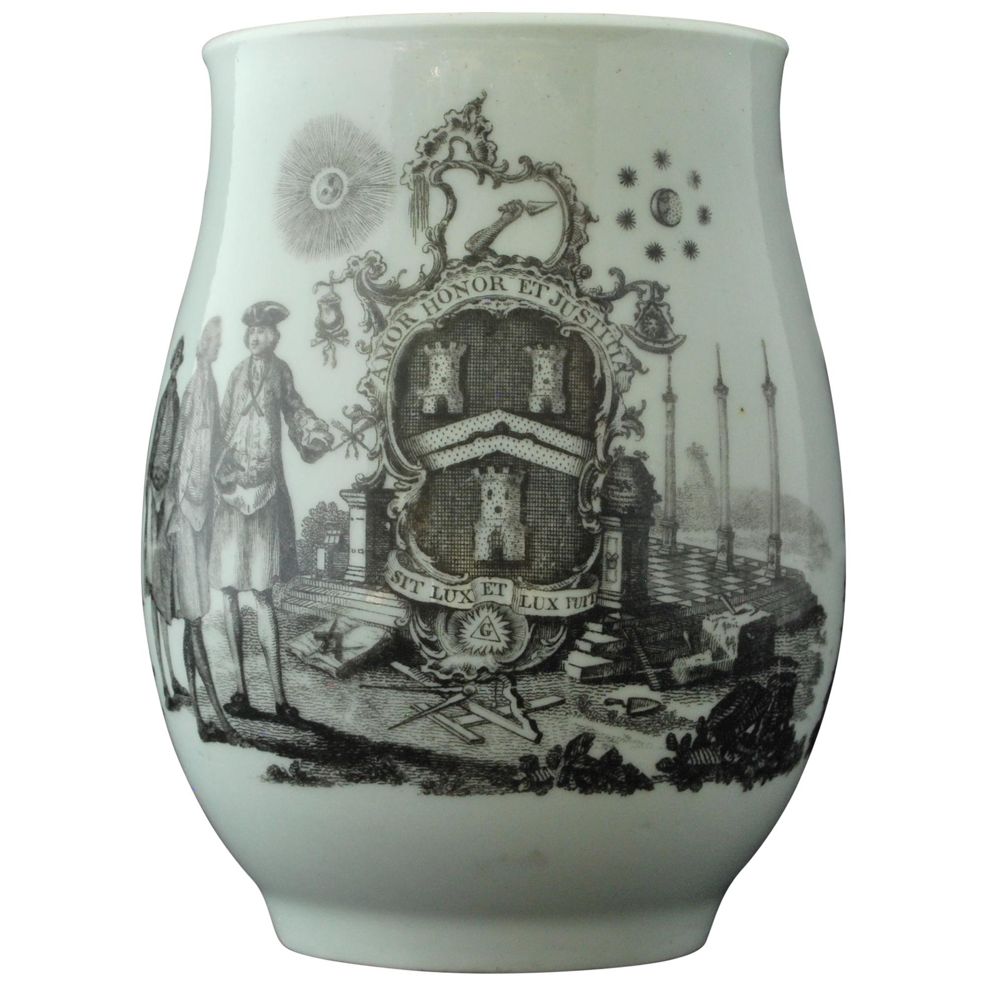 Bell-Shaped Mug, Transfer Printed with Masonic Emblems, Worcester, circa 1770 For Sale