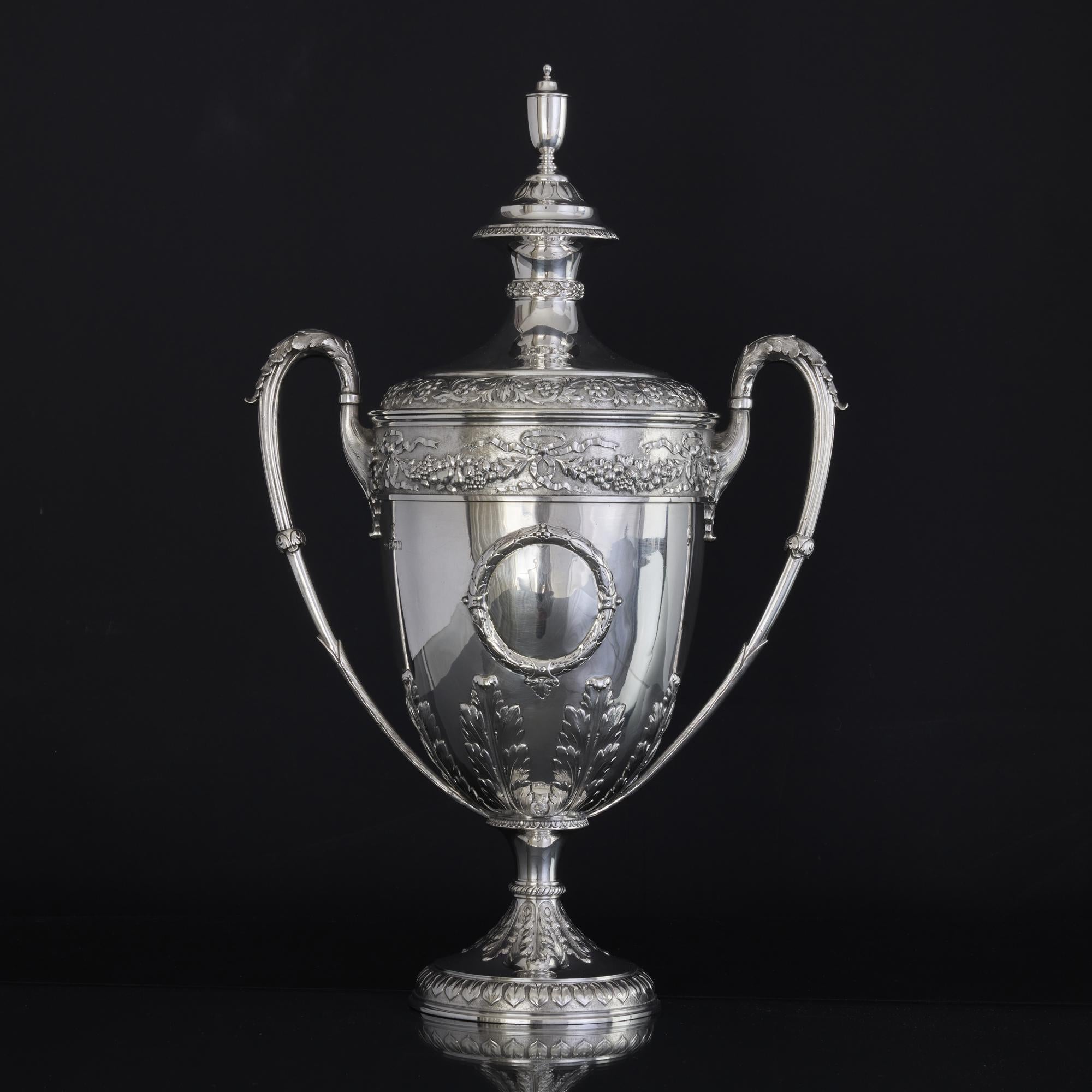 Edwardian Large two-handled antique silver trophy cup & cover For Sale