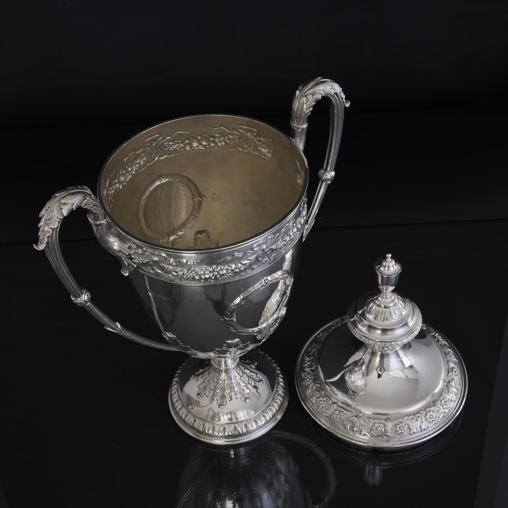 British Large two-handled antique silver trophy cup & cover For Sale