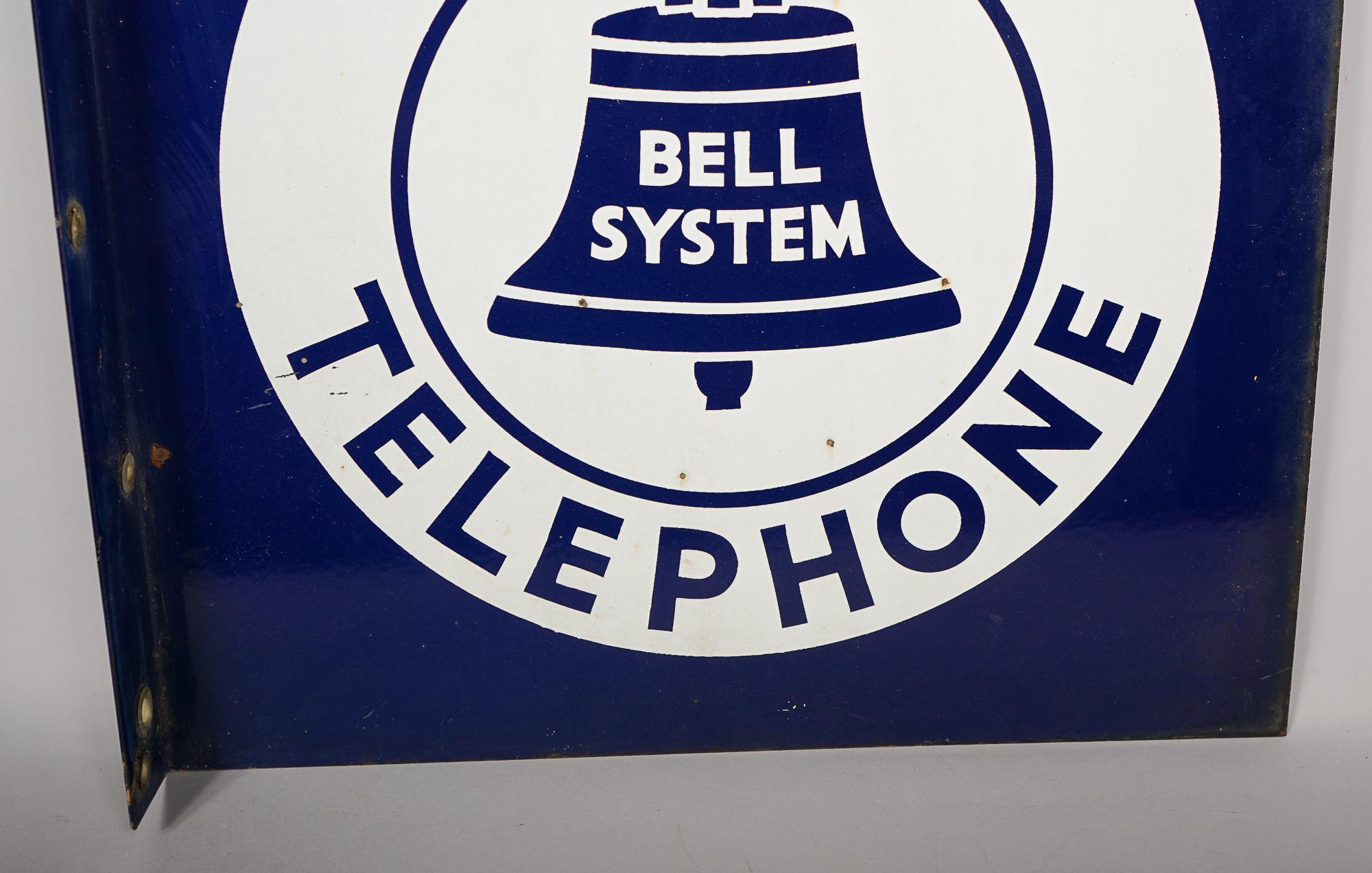 Industrial Bell System Telephone Double Sided Flange Porcelain Sign For Sale