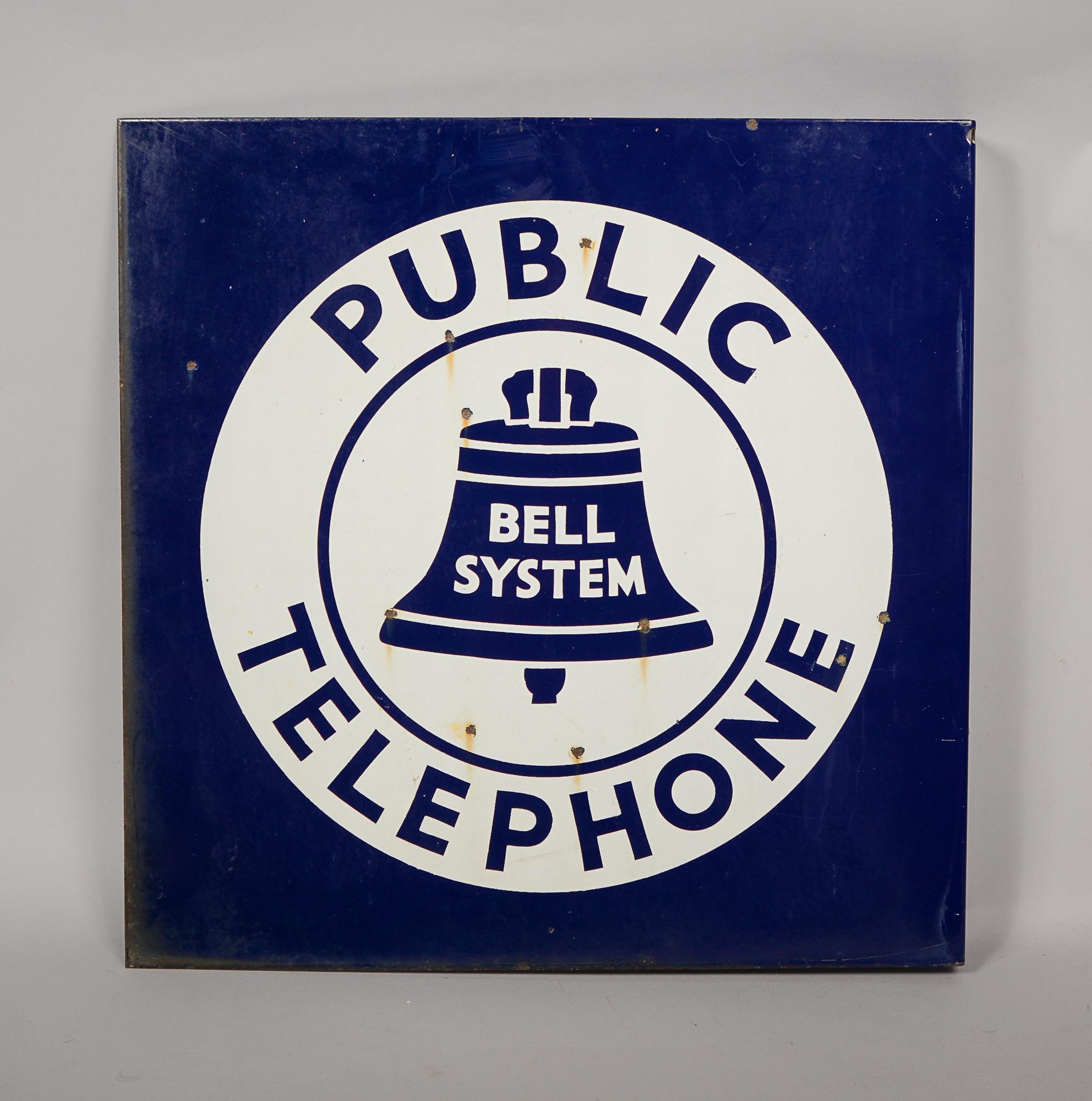 20th Century Bell System Telephone Double Sided Flange Porcelain Sign For Sale