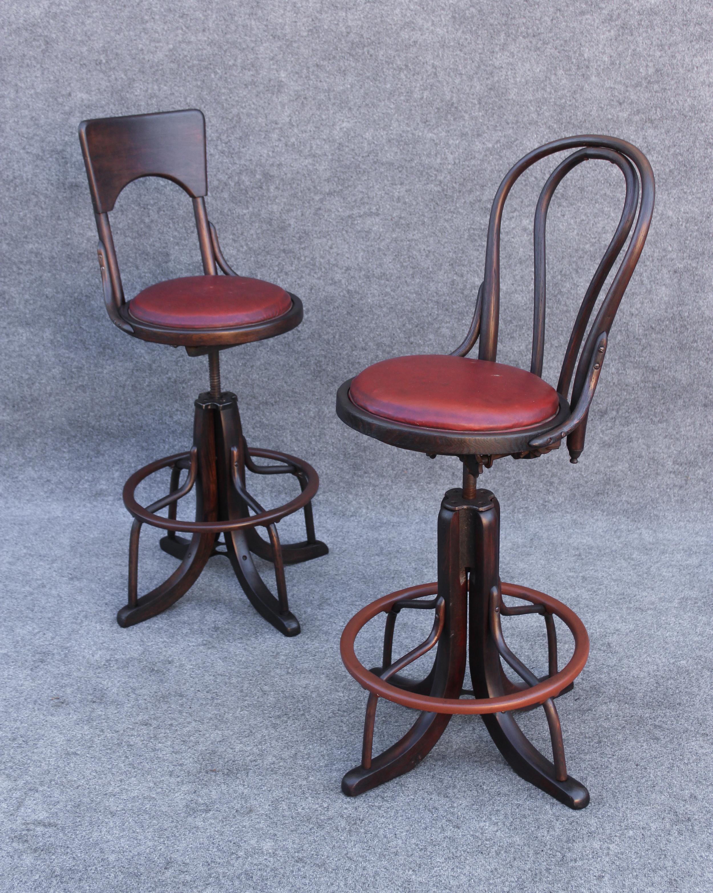 Possibly manufactured by Thonet in Austria between 1910 and 1915 and used by phone operators at Bell System. Constructed of solid maple, oak, and enameled steel, with hard rubber footrests. Our examples have been completely refinished. Seat pads