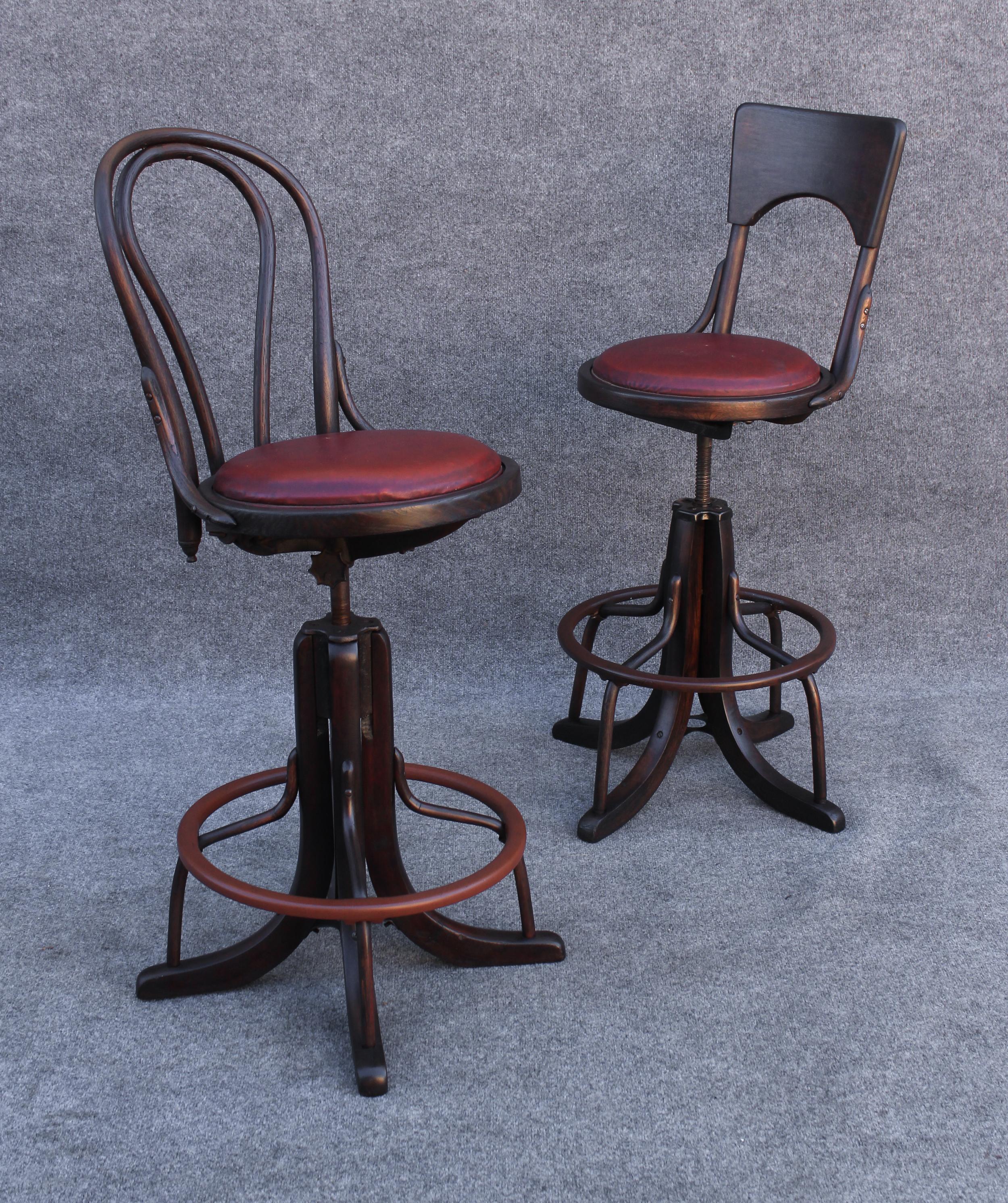 American Bell System Thonet Attr. 1900s Counter Drafting Swivel Adjustable Pair Stools For Sale