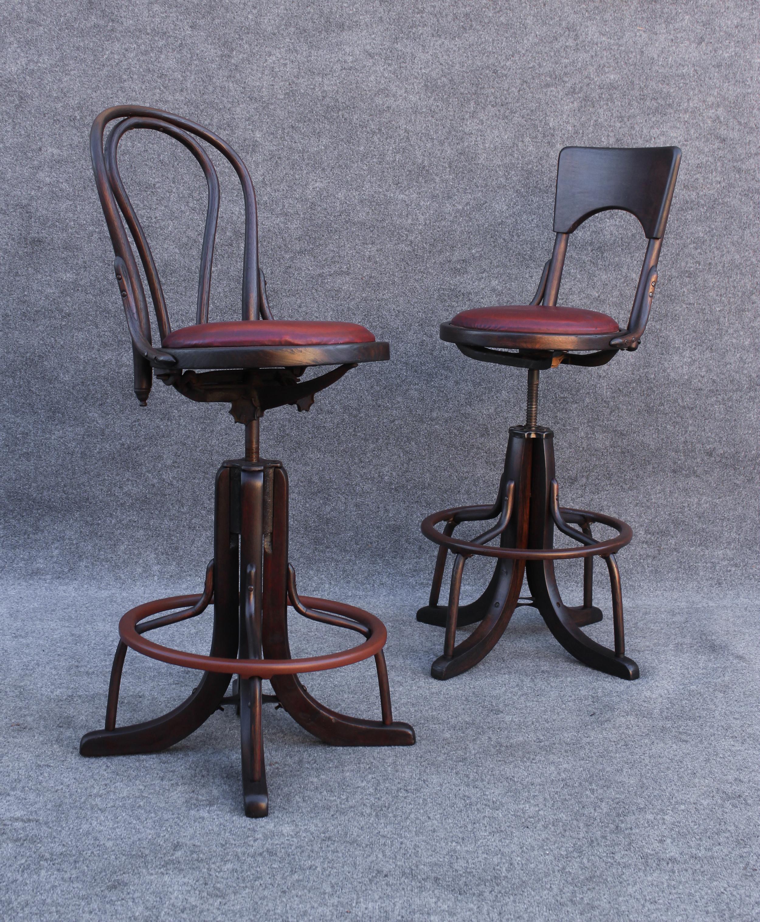 Cast Bell System Thonet Attr. 1900s Counter Drafting Swivel Adjustable Pair Stools For Sale