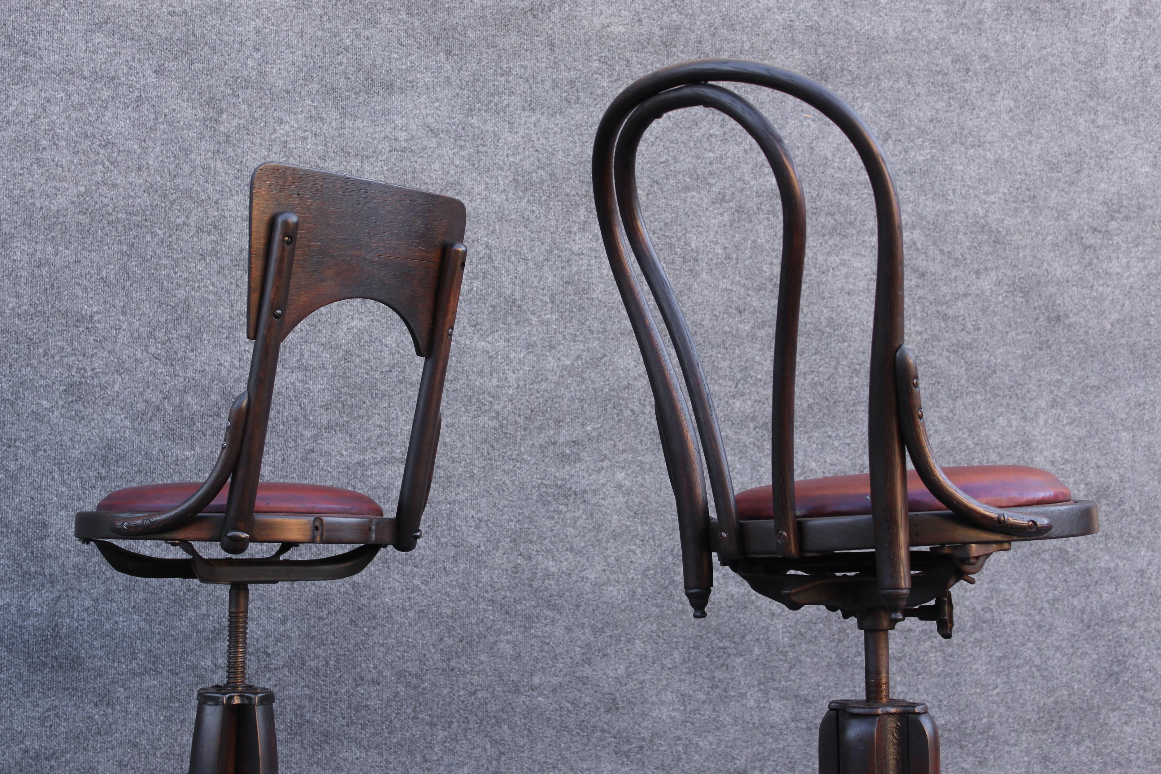 Early 20th Century Bell System Thonet Attr. 1900s Counter Drafting Swivel Adjustable Pair Stools For Sale