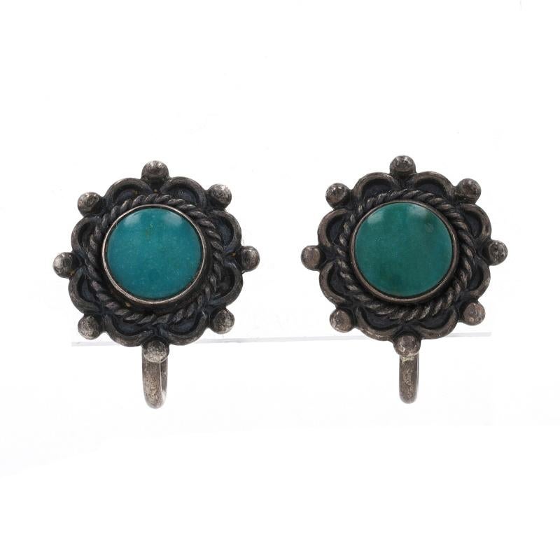 Brand: Bell Trading Co.
Design: Southwestern

Metal Content: Sterling Silver

Stone Information
Natural Turquoise
Treatment: Routinely Enhanced
Colors: Greenish Blue & Green

Style: Stud
Fastening Type: Non-Pierced Screw-On Closures
Features: Rope
