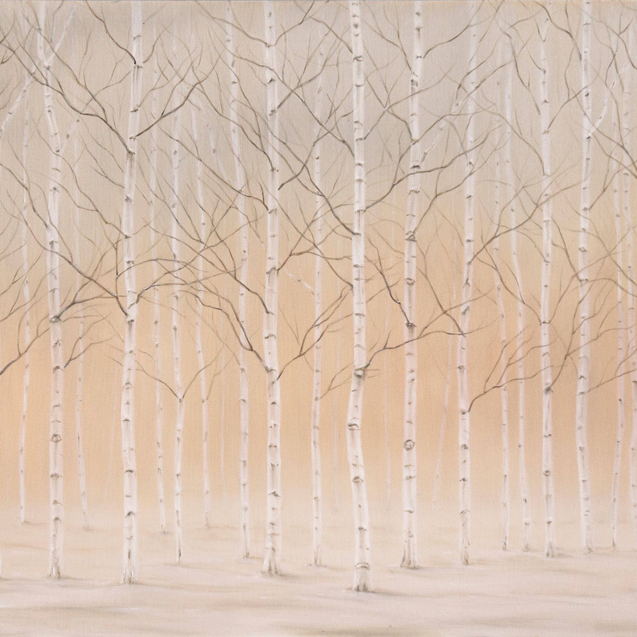 'Silver Birches in the Snow', Large Sunlit Winter Landscape, Oakland, Norfolk - Beige Landscape Painting by Bella Bigsby