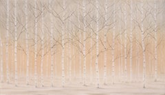 „Silberne Birken im Schnee“, große sonnenbeschienenene Winterlandschaft, Eichenholz, Norfolk