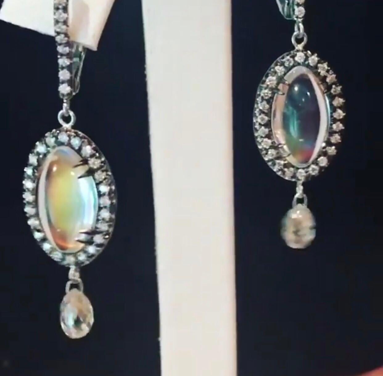 Contemporary Bella Campbell/Campbellian Rainbow Moonstone Earrings with Diamond Briolette