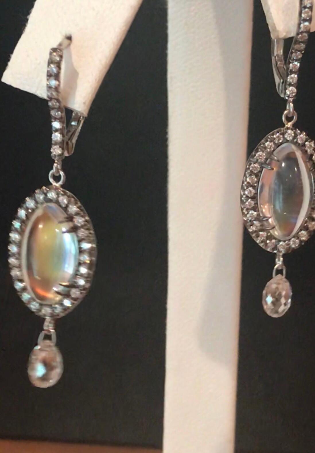 Marquise Cut Bella Campbell/Campbellian Rainbow Moonstone Earrings with Diamond Briolette