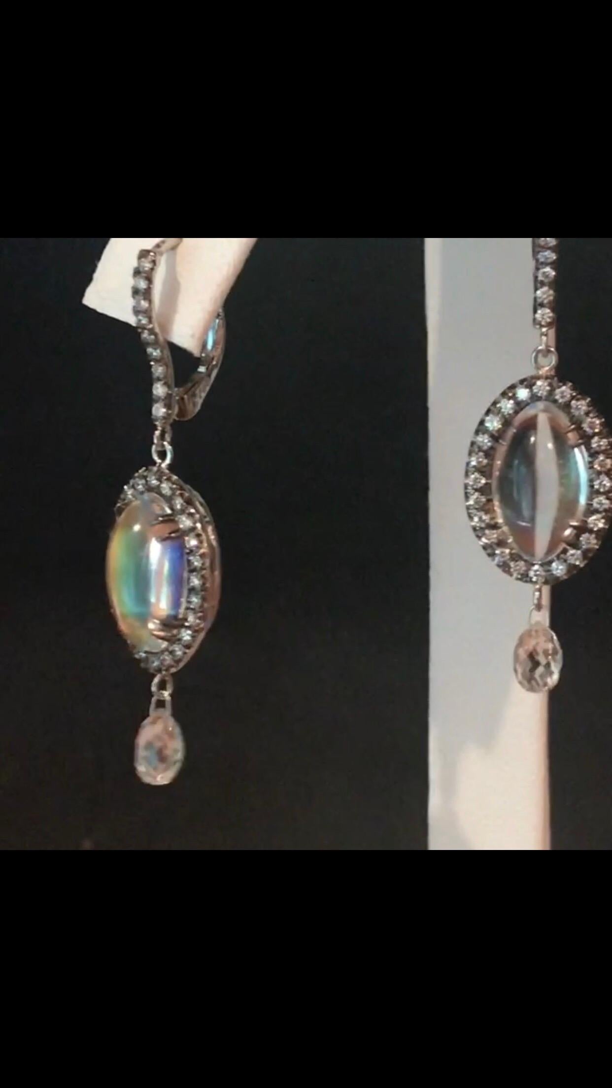 Bella Campbell/Campbellian Rainbow Moonstone Earrings with Diamond Briolette In New Condition In Morristown, NJ