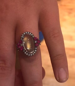 Bella Campbell/Campbellian Rainbow Moonstone with Ruby and Diamond Ring in Gold