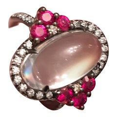 Bella Campbell/Campbellian Rainbow Moonstone with Ruby and Diamond Ring in Gold