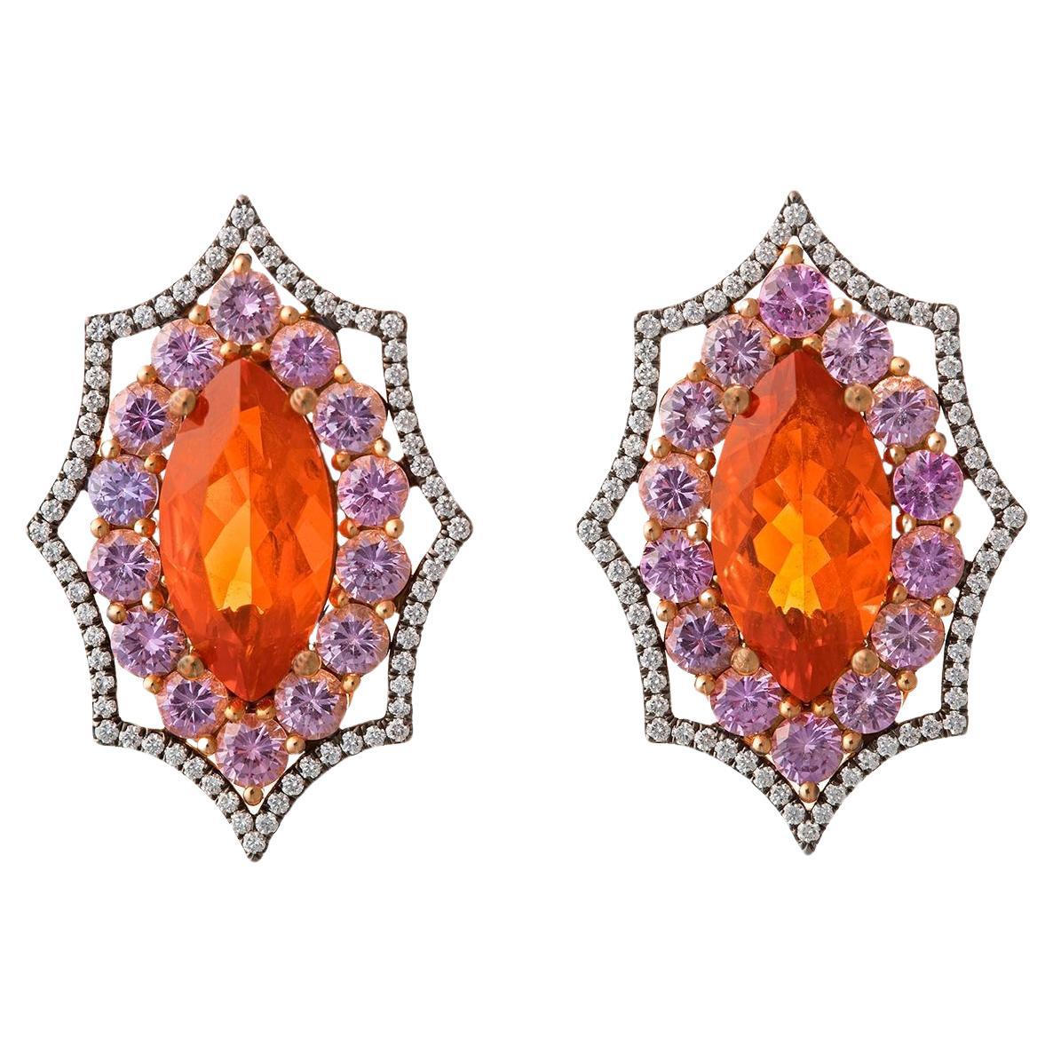 Bella Campbell Fire Opal Pink Sapphire Diamond Earrings For Sale